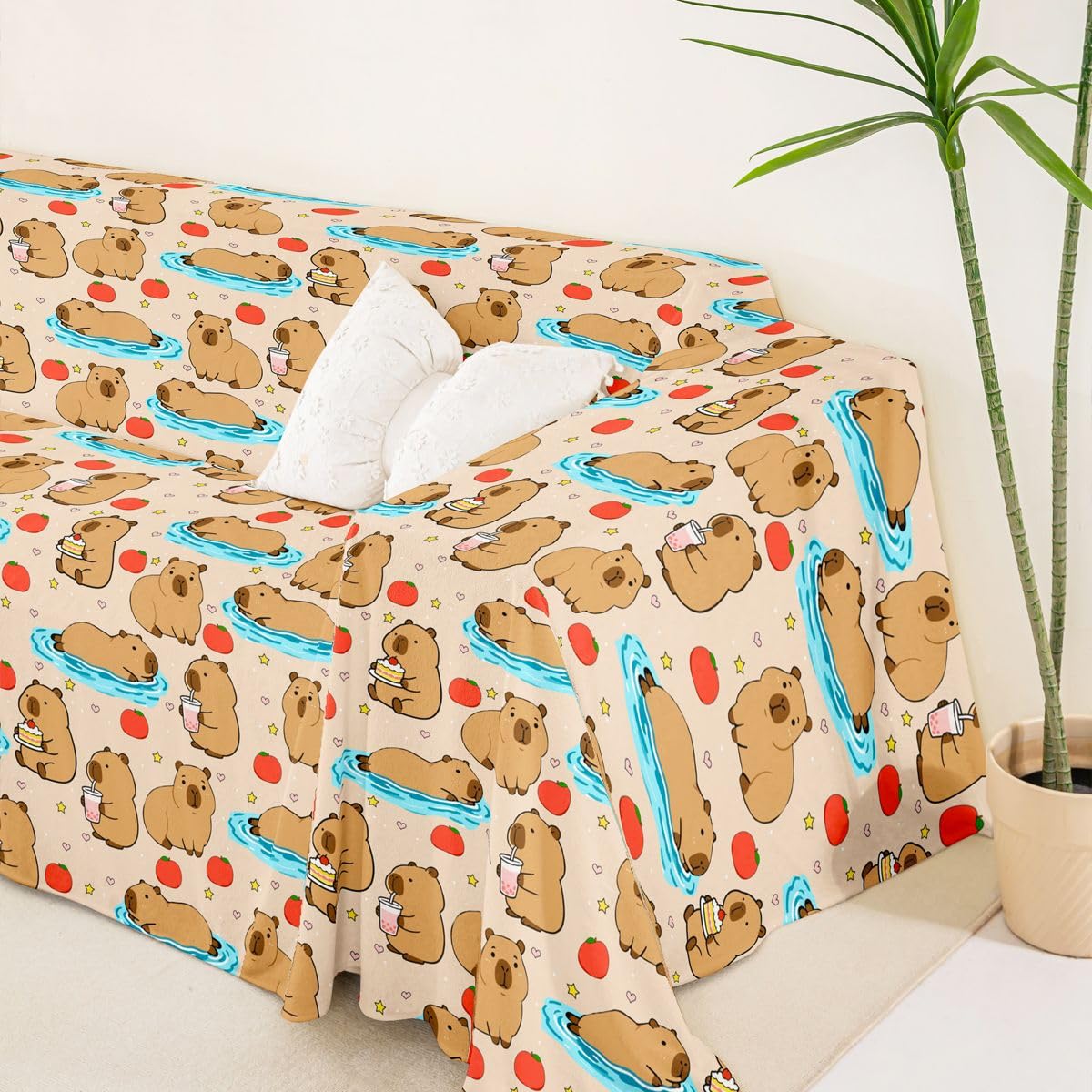Homewish Capybara pokrowiec na kanapę kreskówka kapibara pokrowiec na sofę urocze zwierzę ochraniacz na kanapę pomidor gwiazdy miłość serca dekoracja narzuta na sofę 180 x 300 cm