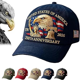 United States 250th Anniversary Hat Made in USA, Bald Eagle Embroidery Patriotic Baseball, Eagle & Liberty