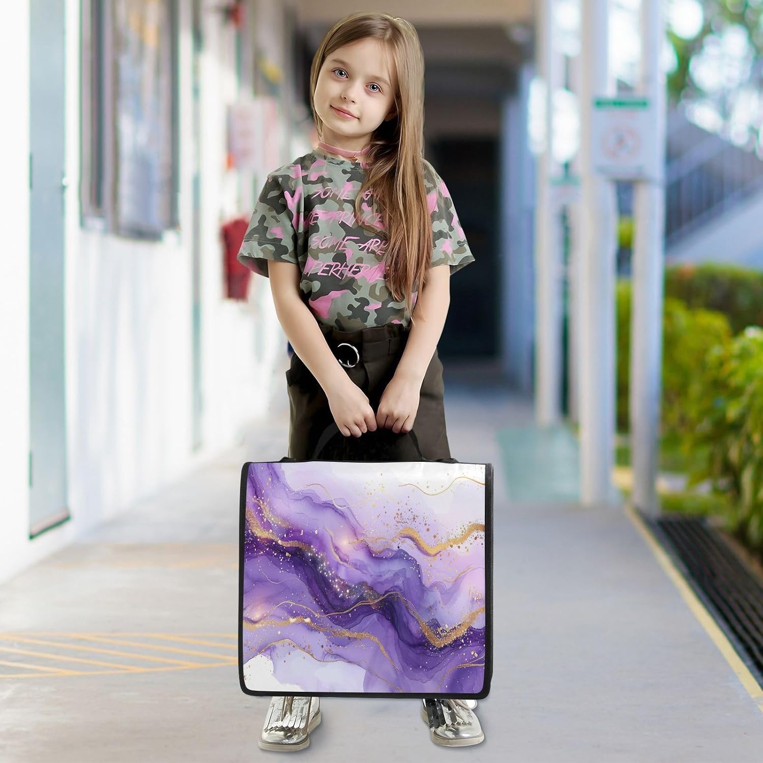 Purple Marble Waterproof Zipper Binder with Shoulder Strap, 3-Ring Trapper Keeper with Lay-Flat Design and Multiple Compartments for School & Office, Adults & Kids