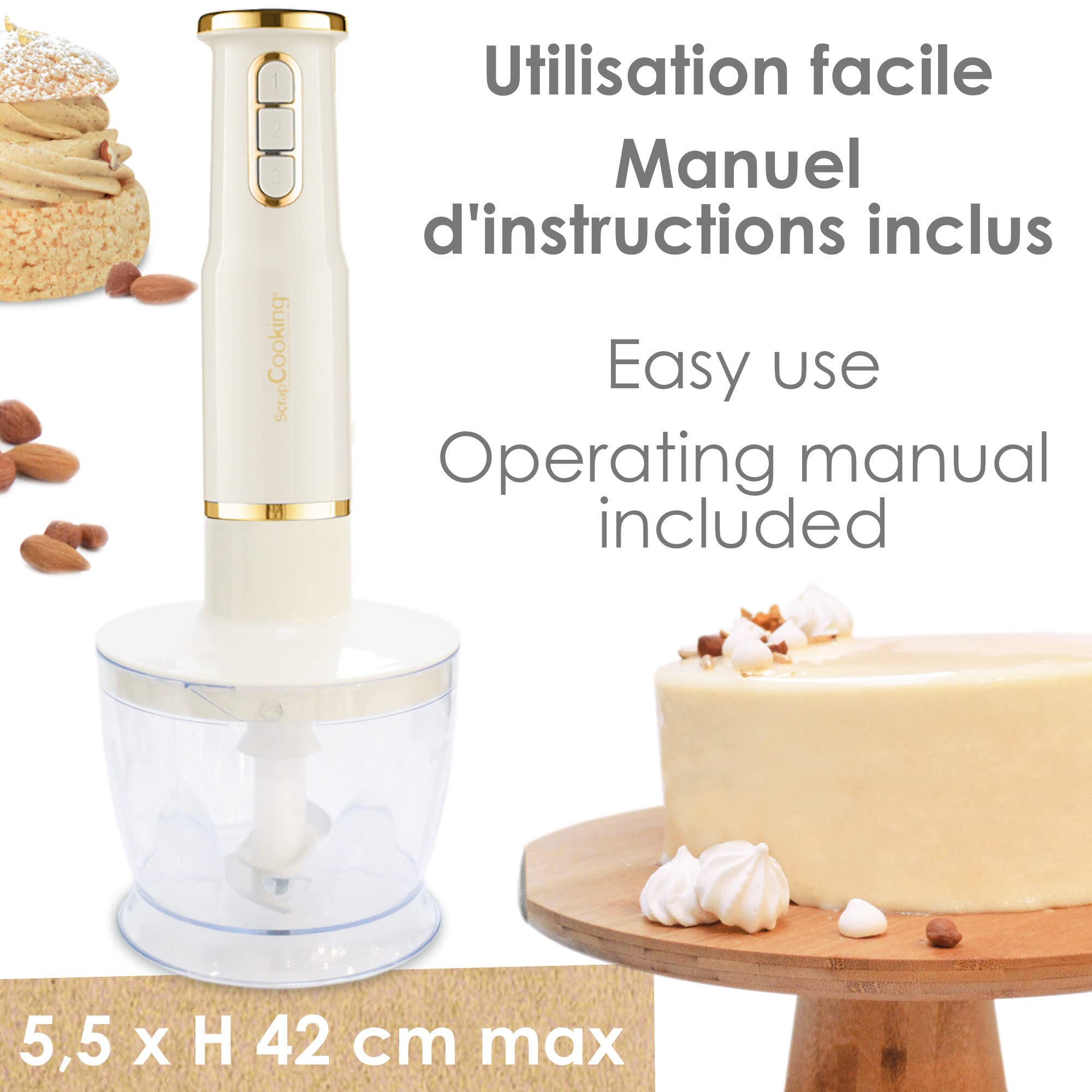 SCRAP COOKING Mixeur Plongeant Multifonctions 3-en-1 : Blender, Fouet & Hachoir Électrique - Mixer Batteur Plongeur avec Accessoires - Pour Pâtisseries, Crèmes, Smoothies, Sauces - Mat & Doré - 3889