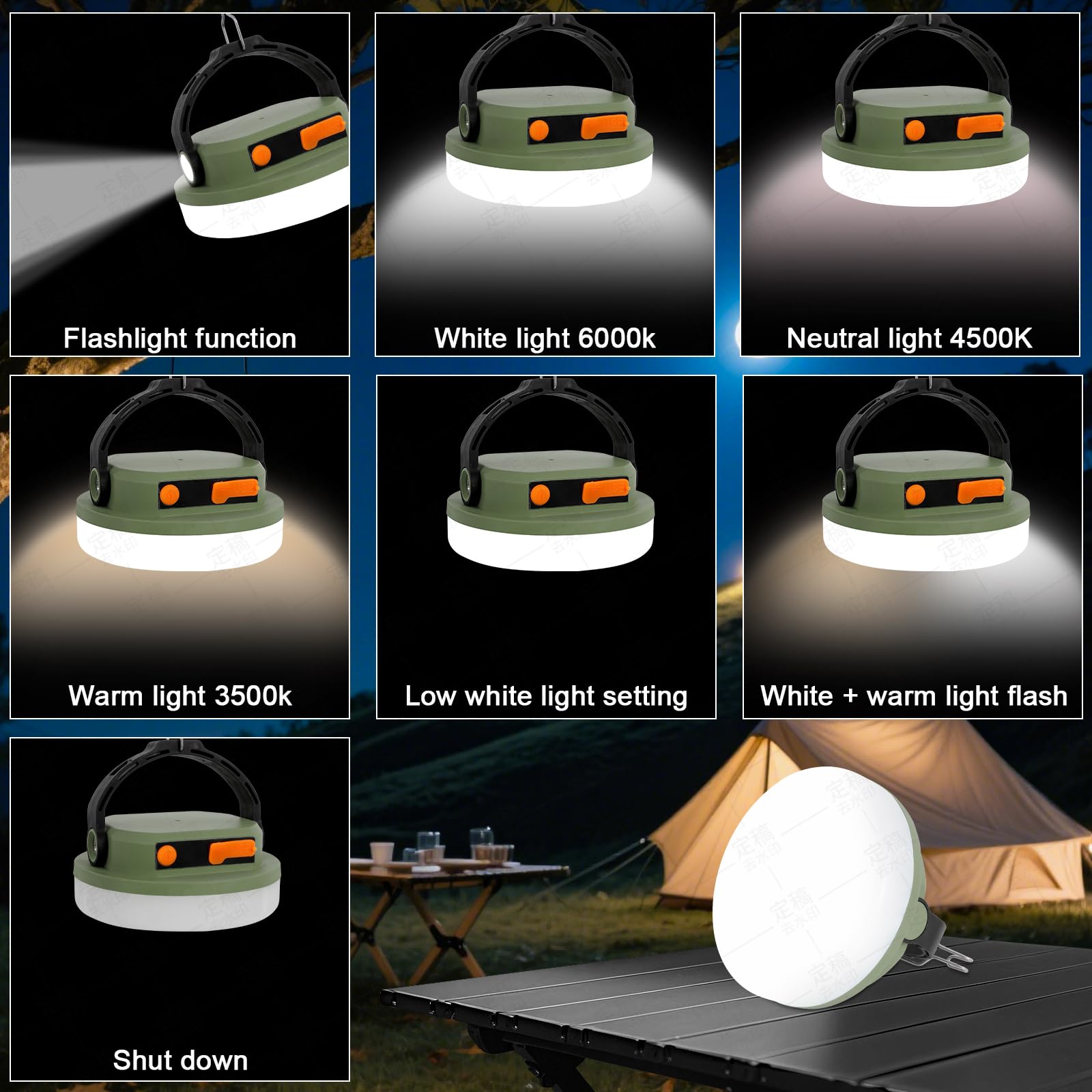 Outdoor Camping Lampe Wiederaufladbare Lampe Tragbare Beleuchtung Lampe Ausgestattet mit 6 Helligkeitseinstellungen, Zeltlampe mit Haken, Geeignet für Stromausfälle, Wandern und Notfälle (Armeegrün)