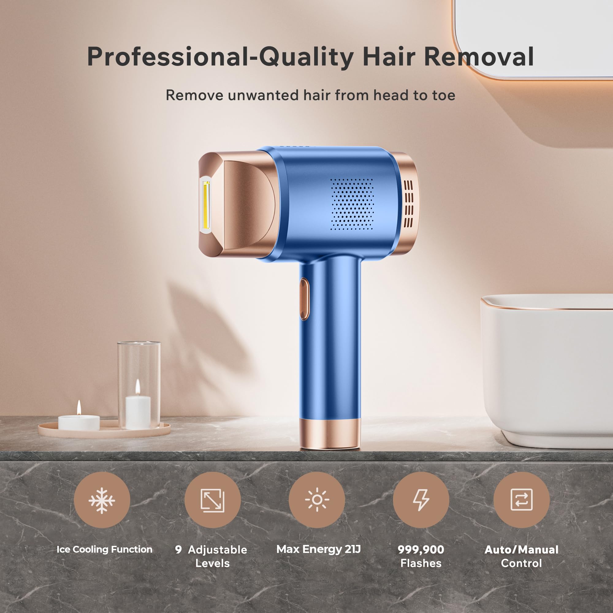 Epilatore Luce Pulsata con Raffreddamento a Ghiaccio, 9 Livelli di Energia, Epilatore a luce pulsata IPL con Touch Screen LCD,Luce Pulsata 999,900, Epilatore Laser per Donna,Uomo,Viso,Bikini,Corpo - Vista 2