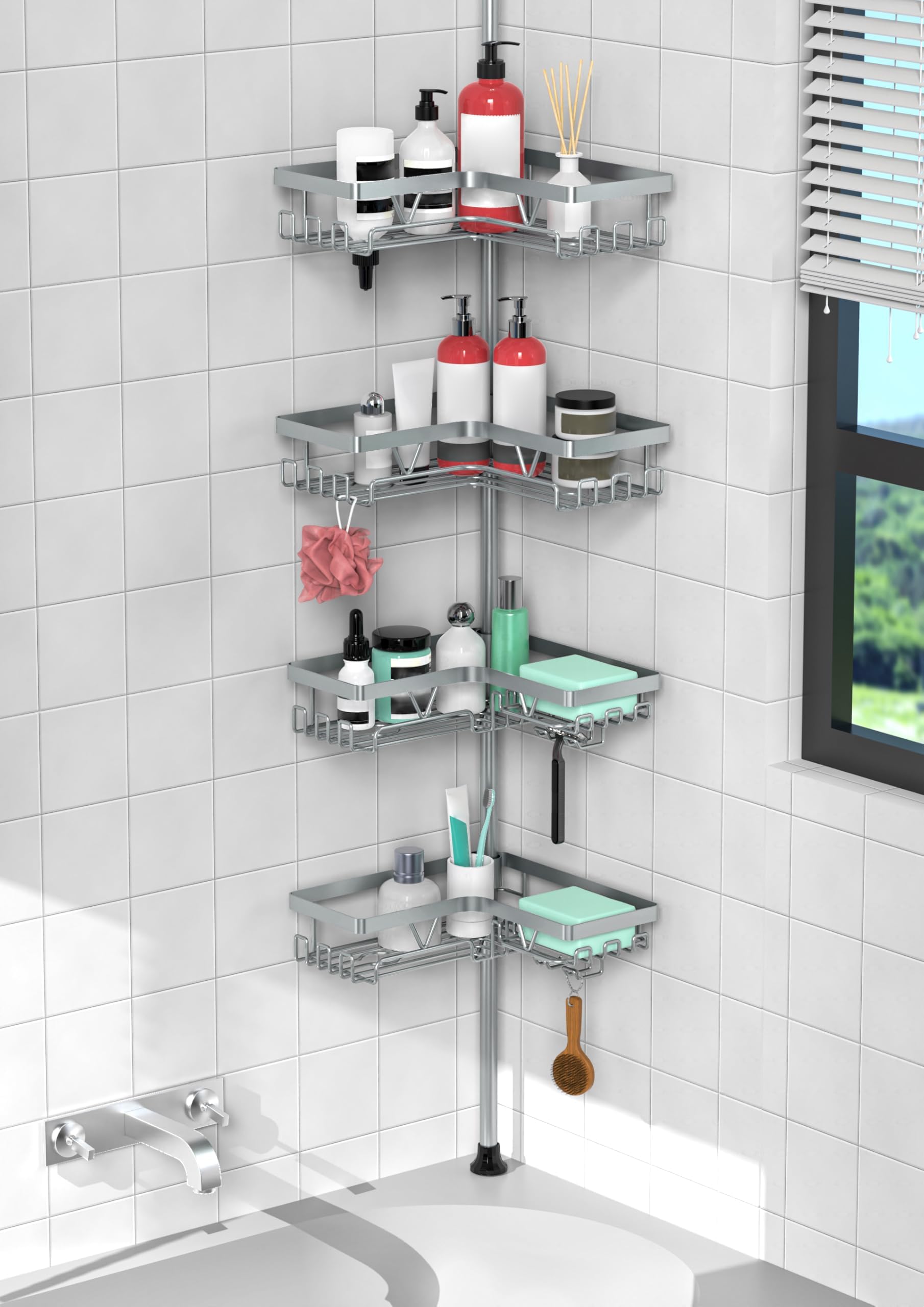 KEGII 4-Tier Corner Shower Caddy Tension Pole - Adjustable Shower Tension Rod Organizer, Floor to Ceiling Shower Caddy 25-114.2 inch, Shower Towel Rack Corner Waterproof, Light Gray