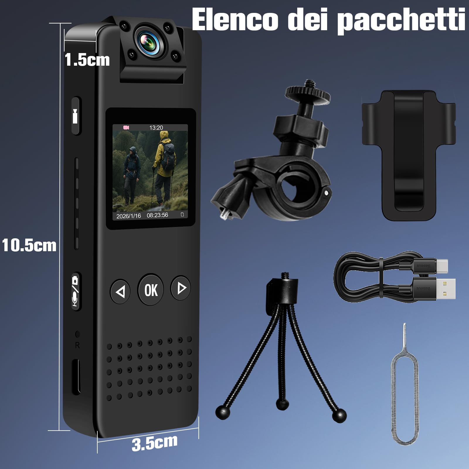 Mini Body Cam HD 1080P, Action Cam Portatile, Telecamera Casco Moto con Audio Rotazione di 180°con Visione Notturna Rilevamento del Movimento per Vlog, Ciclismo, ecc. Attività al chiuso/all'aperto