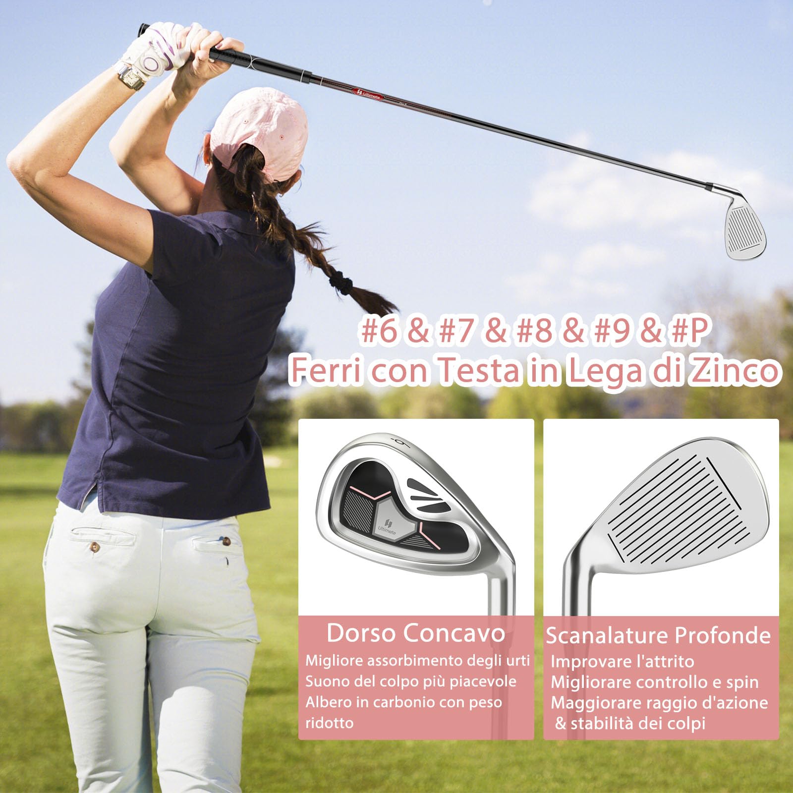 COSTWAY Set Completo di Mazze da Golf da Donna, 9 Pezzi, Include Driver in Lega, Legno Fairway 3, Ibrido 4, Ferri 6, 7, 8, 9 e P, Putter e Copri Testa per Golfiste Destre