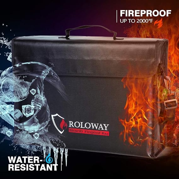 ROLOWAY Large (17 x 12 x 5.8 inches) Fireproof Bag, Water Resistant Fireproof Document Bag Safe for Money, Documents and Valuables Storage