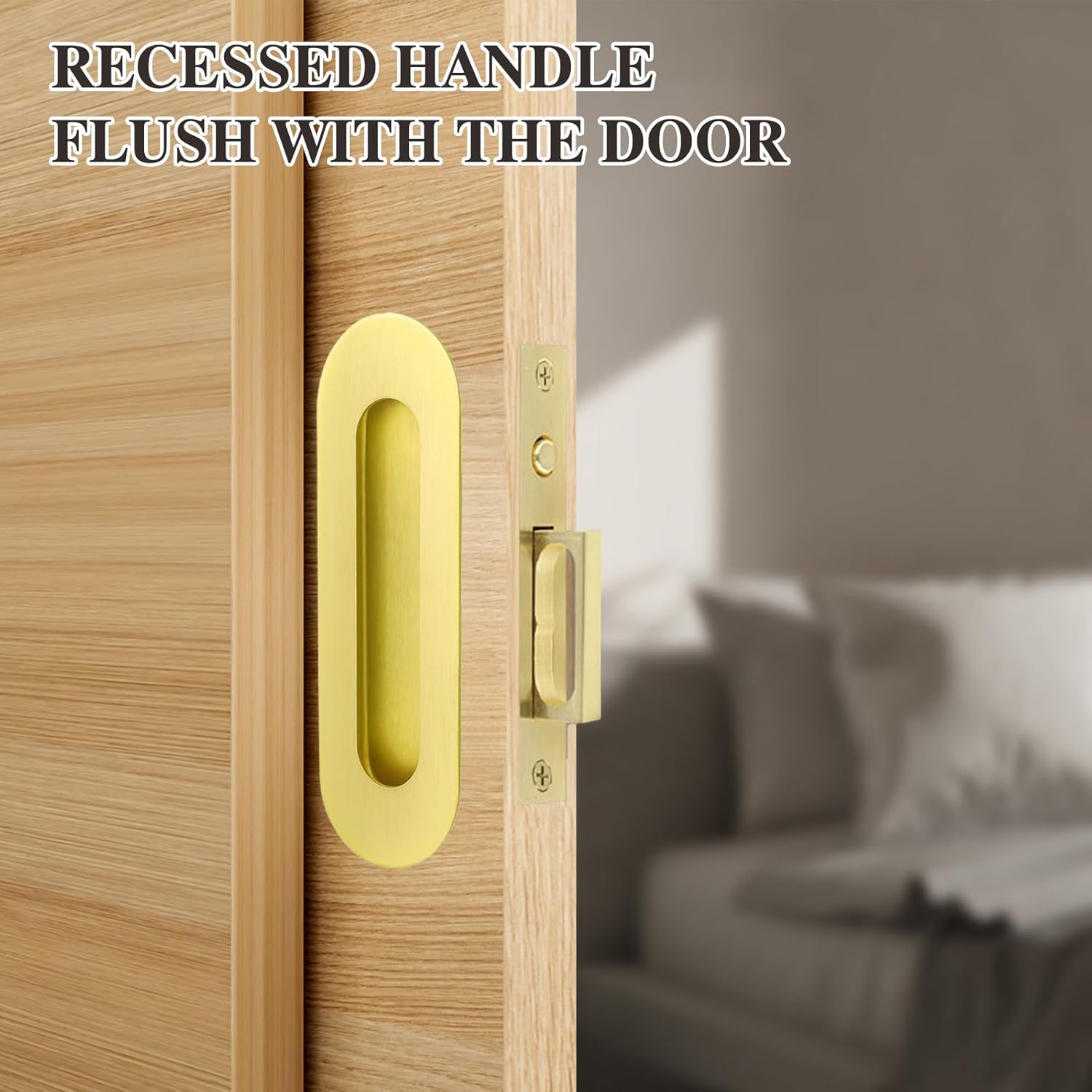 Pocket Door Handles Gold,6 inch Oval Recessed Flush Pocket Door Pull Handle,304 Stainless Steel Pocket Door Hardware, Hidden Edge Pull with Push Automatic Bounce Switch
