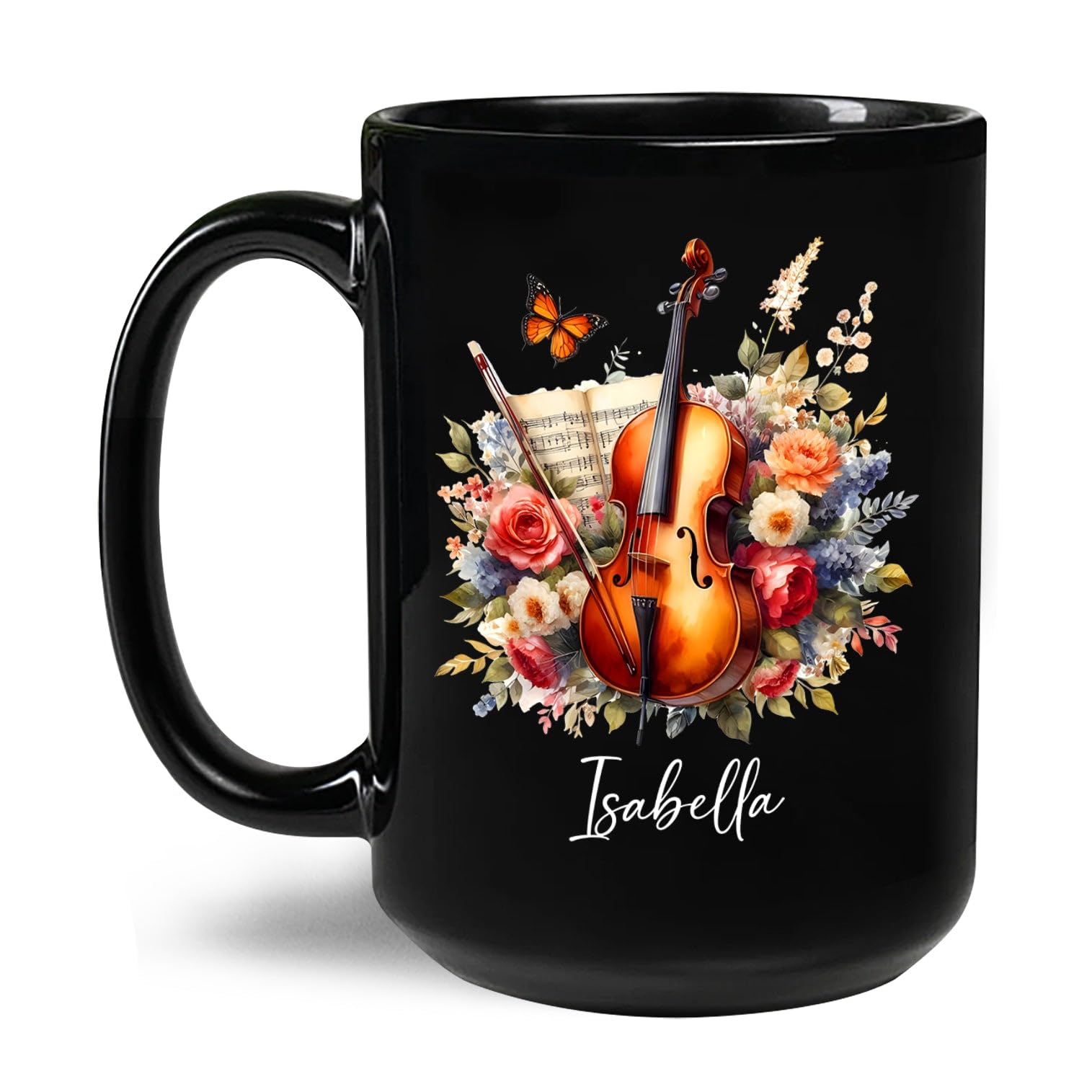 Cello Musical Instrument Ceramic Mug, Personalized Cello Lover Mugs With Name, Cello Player Travel Cup, Custom Cello Coffee Mug Gifts For Cellist Men Women, Flower Cello Black Tea Cup 11Oz 15Oz