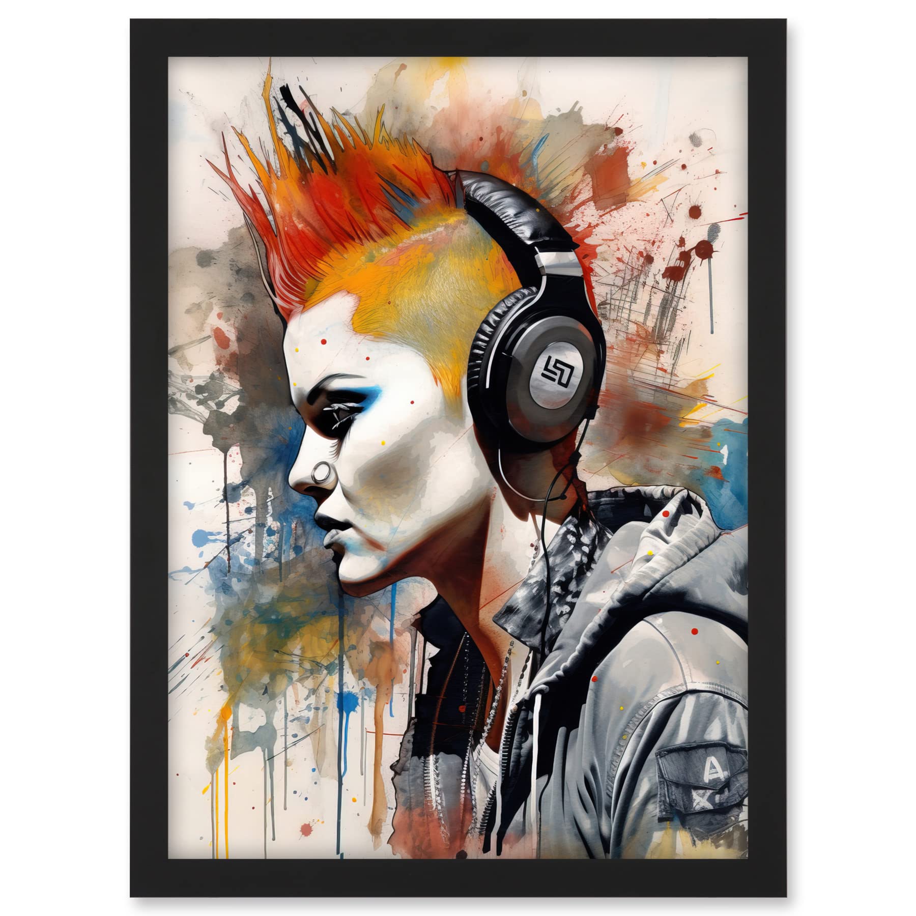 Artery8 Edgy Young Punk Woman with Red Mohawk and Headphones Listening to Music Modern Watercolour Painting Artwork Framed A3 Wall Art Print