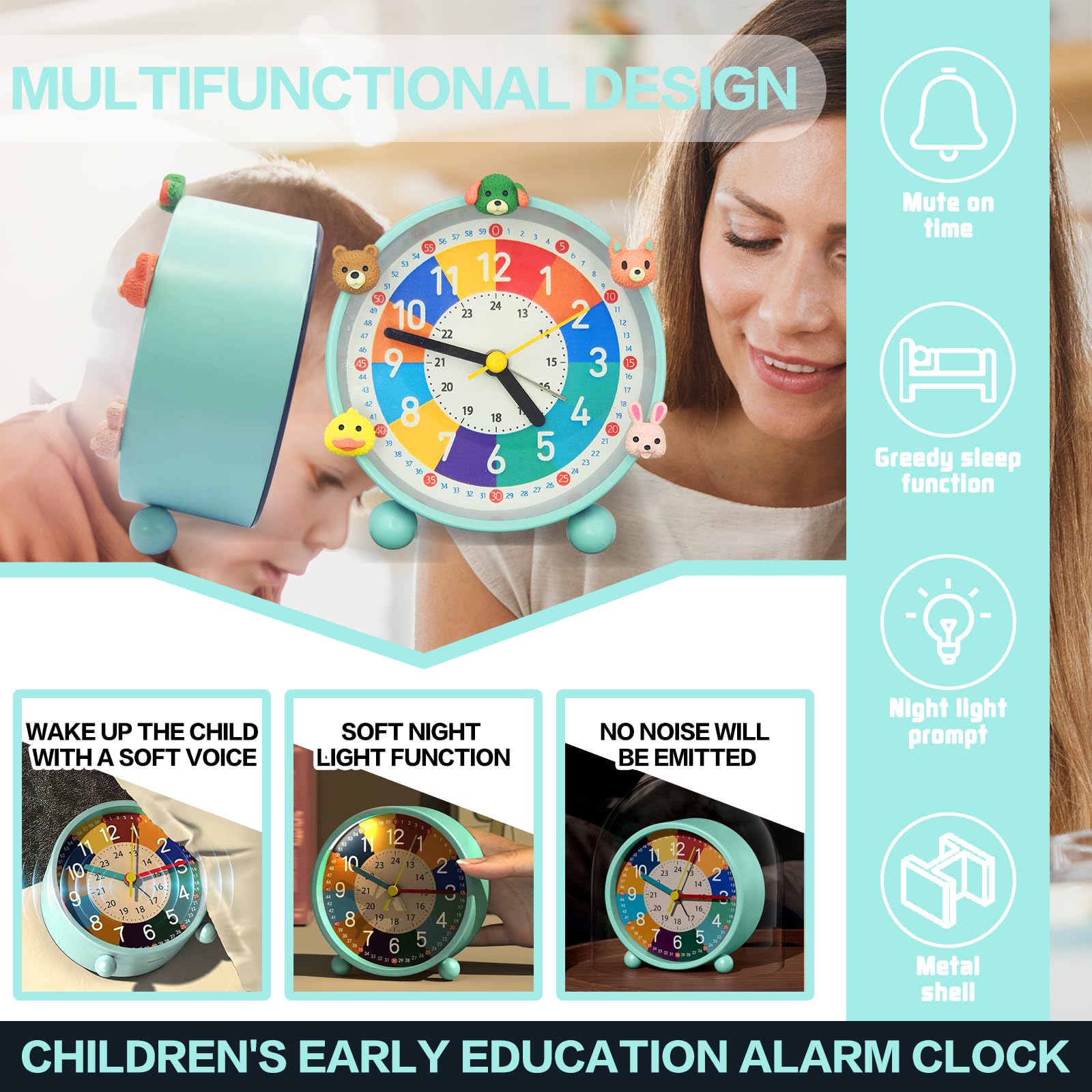 Sveglia Bambini, Adatta Ai Bambini Che Iniziano Ad Andare A Scuola, Nessun Ticchettio, Funzione Luce Notturna E Funzione Snooze, Con 5 Adorabili Decorazioni Per Sveglia Comodino Verde.