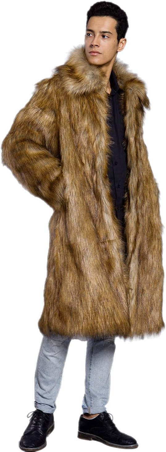 Amore BridalMens Faux Fur Coat Long Sleeve Jacket Warm Furry Overcoat Outwear Brown