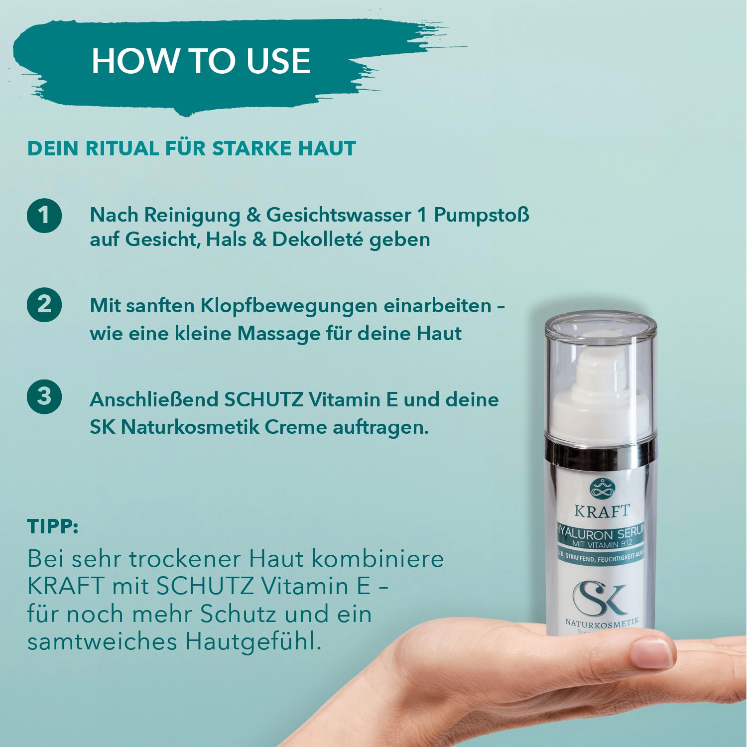 SK Naturkosmetik KRAFT Hyaluron Serum – 3-fach Hyaluronsäure Serum mit Vitamin B12, Aloe Vera & Vitamin E | Anti-Aging Naturkosmetik, feuchtigkeitsspendend, regenerierend, bei Rosacea