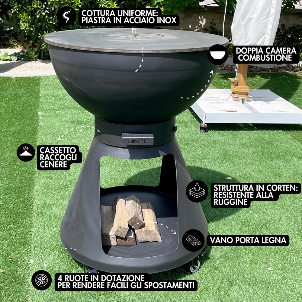 Barbecue a Legna e Carbone Yucatán | BBQ Tondo in Acciaio Corten da Esterno & da Giardino con Griglia di cottura in Acciaio Inox 316 sp.1cm, Portatile con Ruote (Antracite)