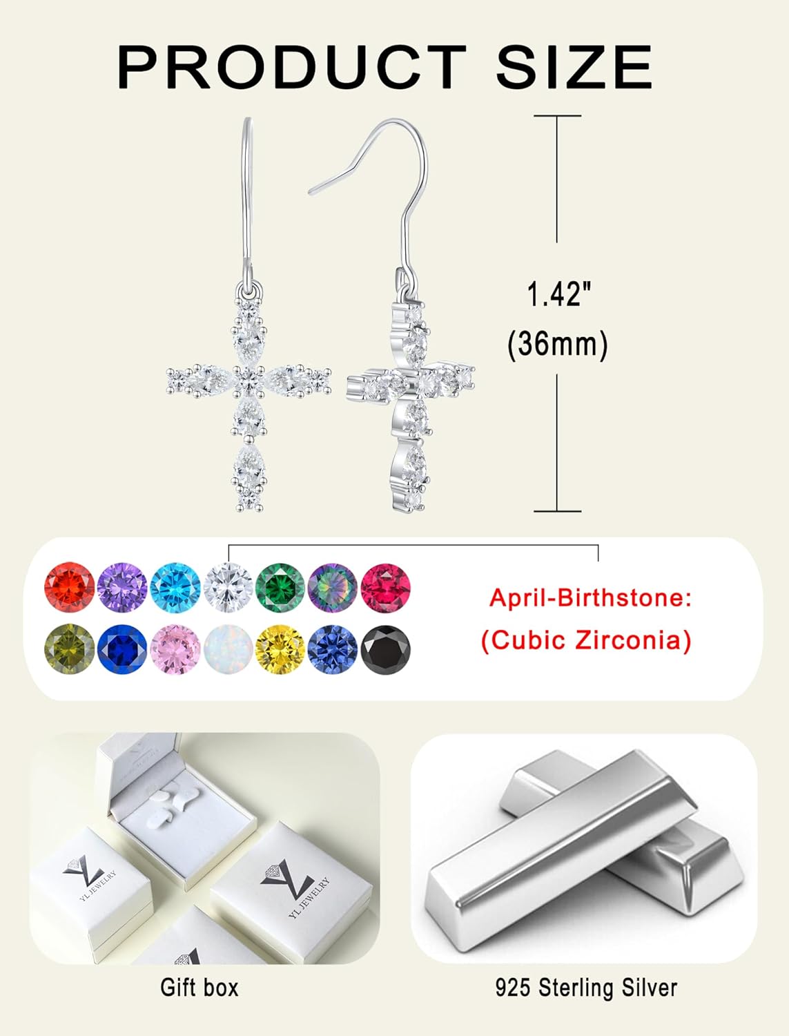 YL 925 Sterling Silver Cross Dangle Earrings Halo Birthstone Hook Earrings Religious Jewelry for Women - Image 6