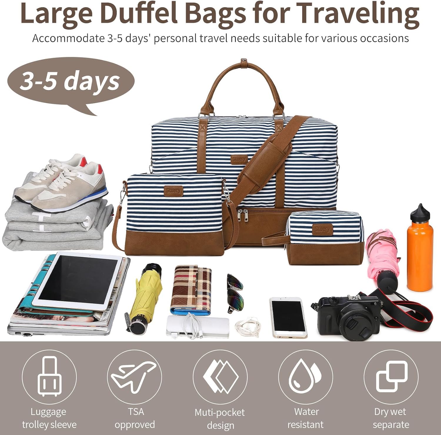 Weekender Bag, Large Travel Duffel Bag for Women, Carry on Overnight Bag with Shoe Compartment and Toiletry Bags