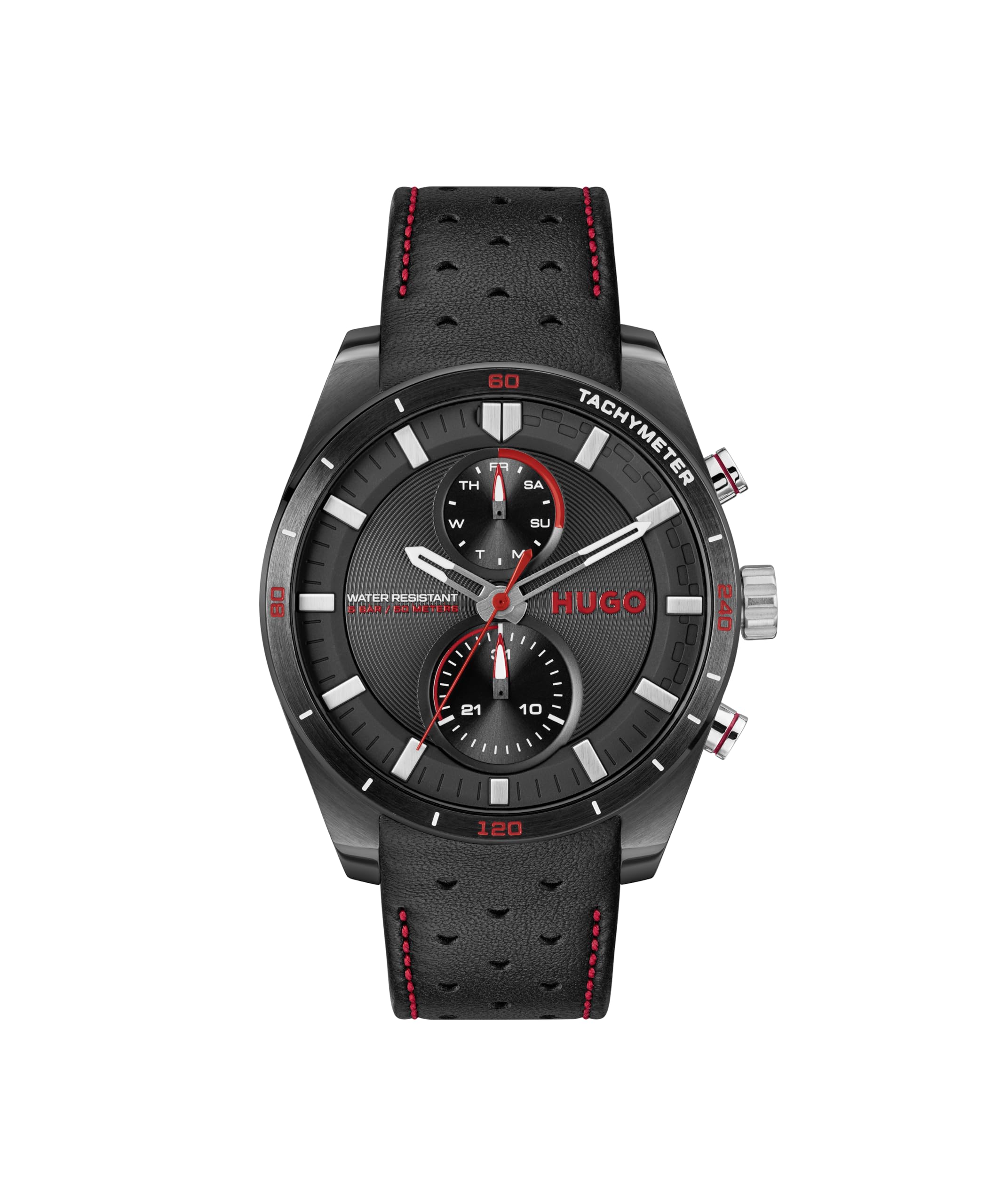 HUGO Analogue Multifunction Quartz Watch for men #FAST Collection with Stainless Steel and Leather strap