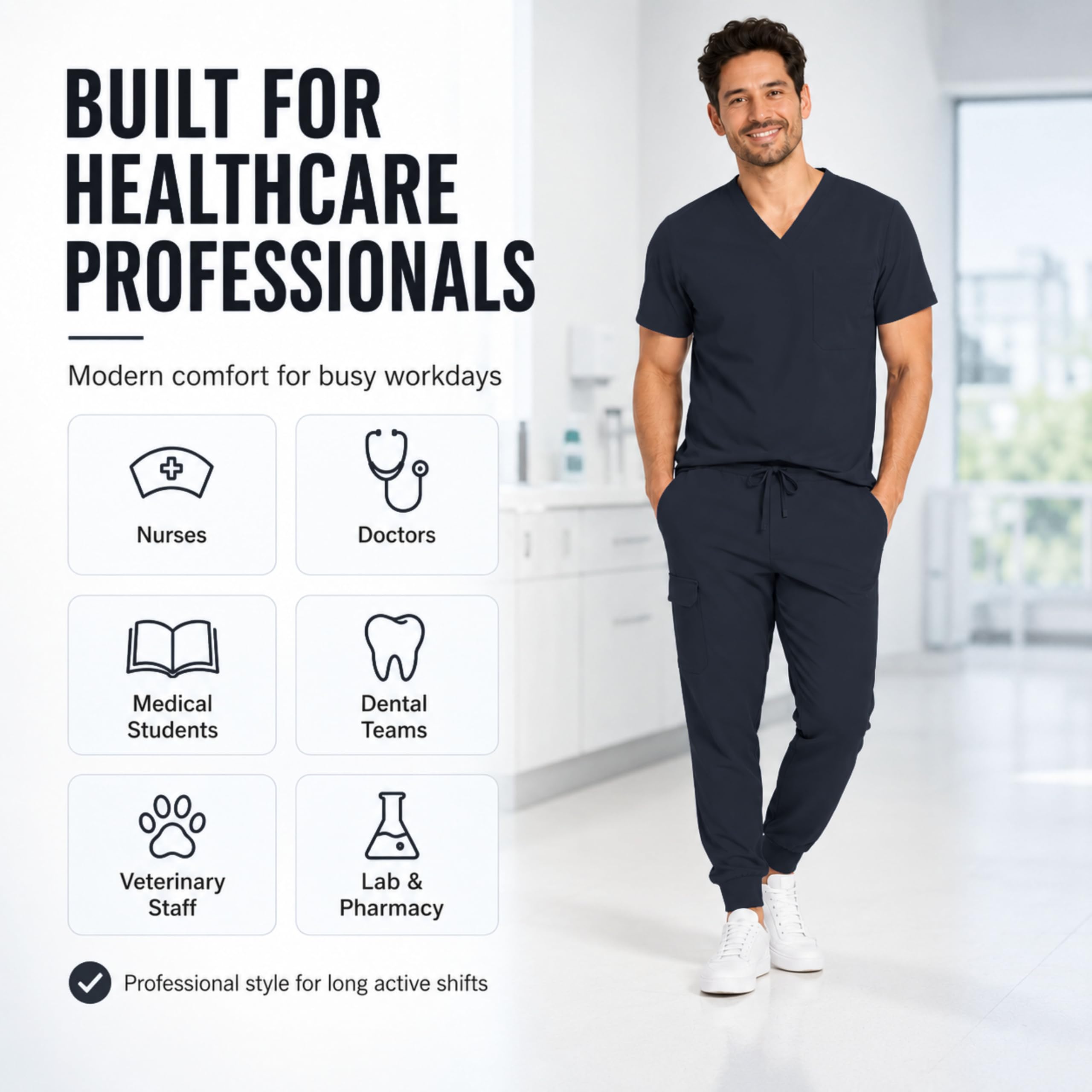 M&M SCRUBS Herren Jogger-Schrubb-Set - Luxe Stretch Medizinische Uniform, V-Ausschnitt OP-Oberteil & Jogginghose (True Navy Blue, Large)