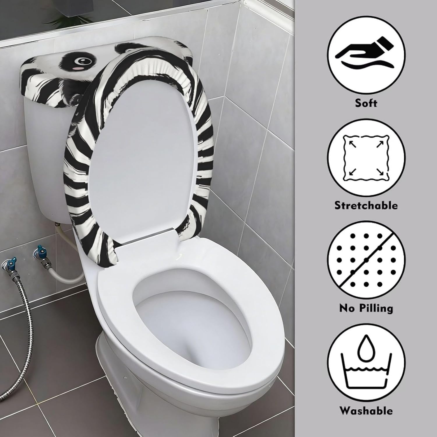 Black And White Panda Toilet Tank Cover And Toilet Lid Cover Set Stretch Bathroom Toilet Lid Seat Cover