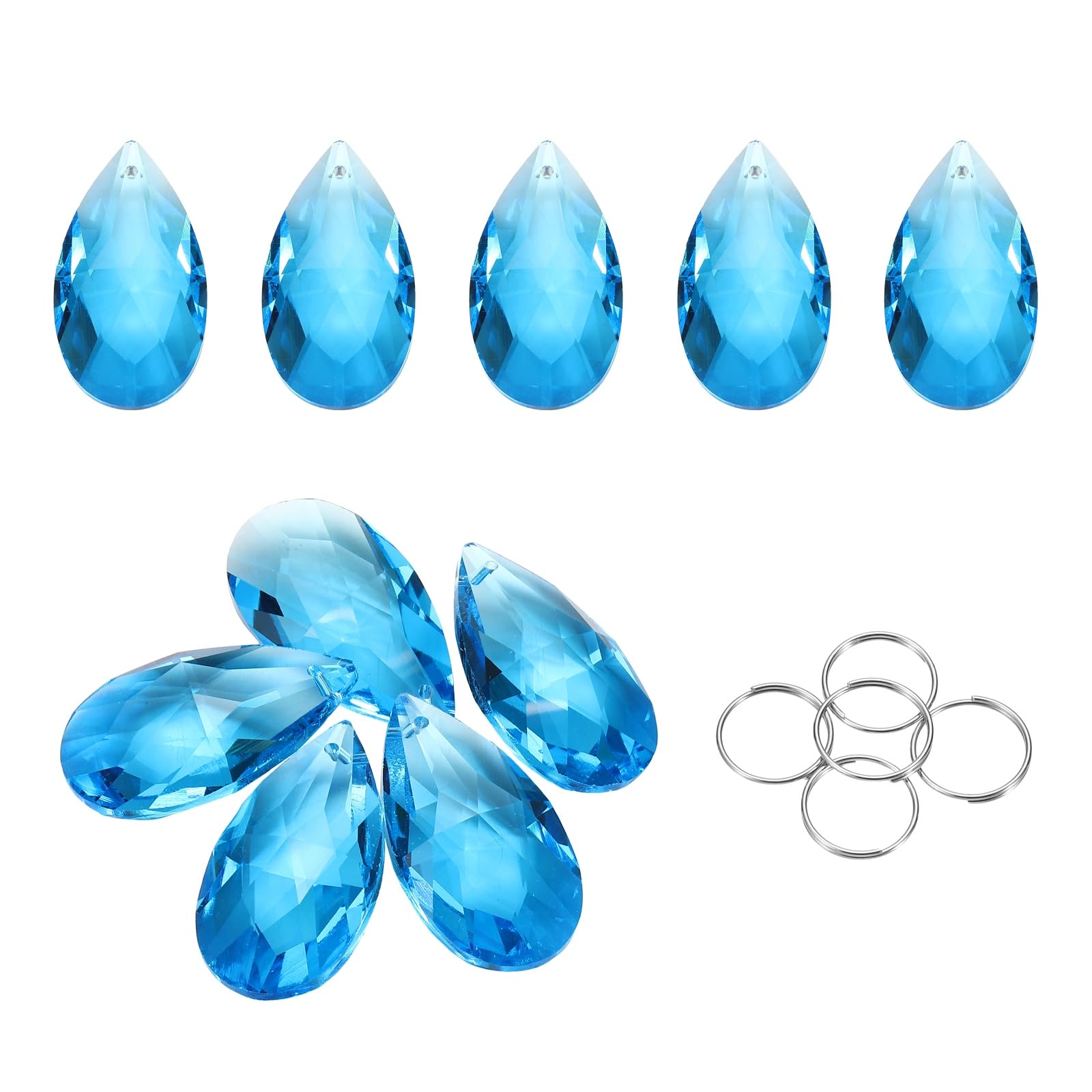 sourcing map 5Pcs Teardrop Crystal Beads, 38mm K9 Glass Hanging Chandelier Bead Prisms Part with 304 Stainless Steel Ring for Crystal Chandelier Lamp Pendant Jewelry, Lake Blue โ image 1
