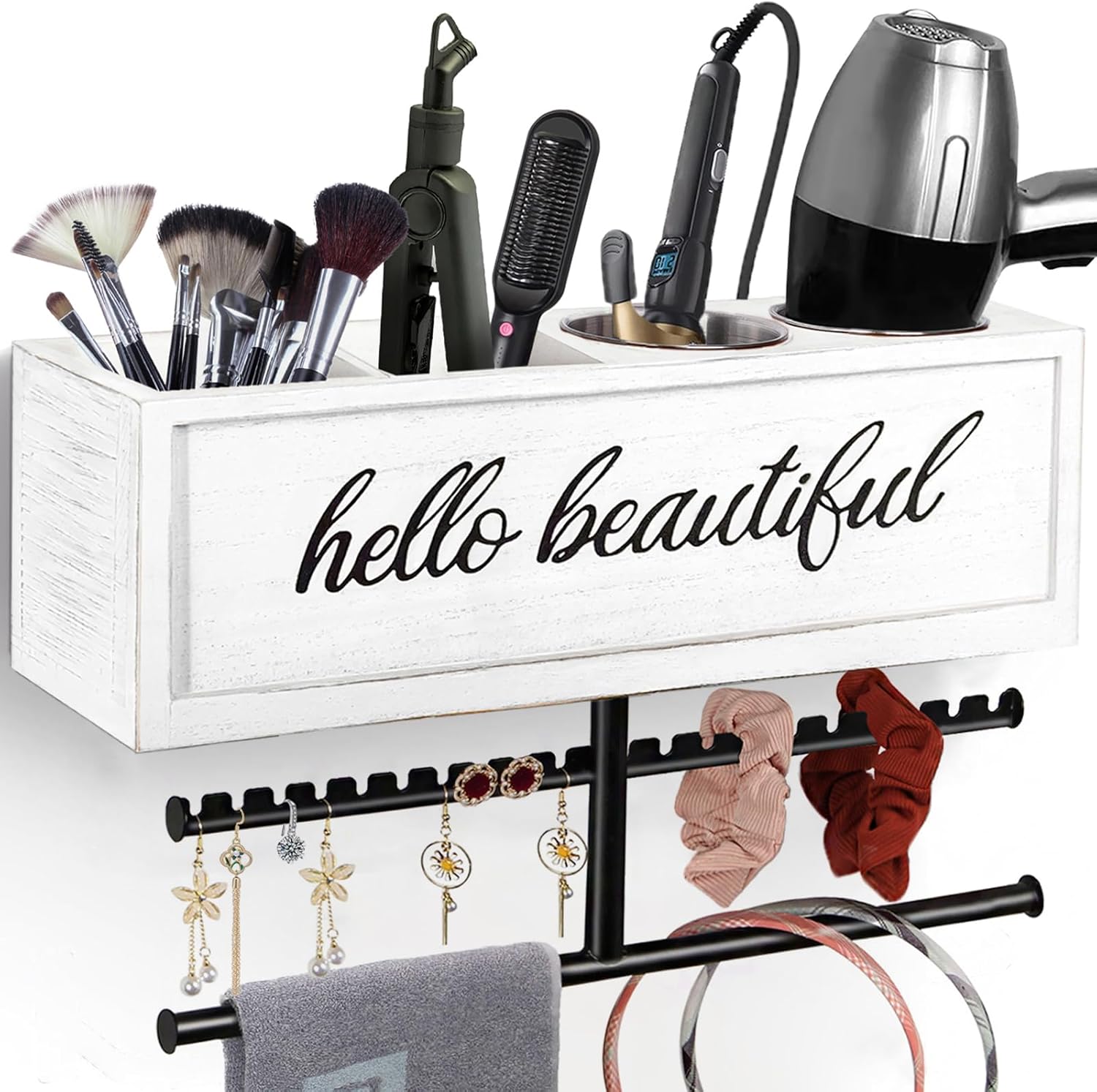 Rustic Hair Dryer Holder Wall Mounted,Hair Styling Tools & Accessories Organizer,Bathroom Supplies & hot Tools vanities Organizer Caddy,for Storage Flat Iron,Blow Dryer,Curling Iron (White)