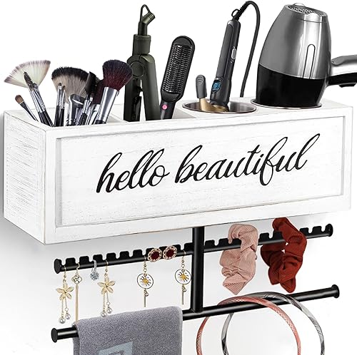 Soporte rústico para secador de pelo montado en la pared, organizador de herramientas y accesorios de peinado, suministros de baño y herramientas