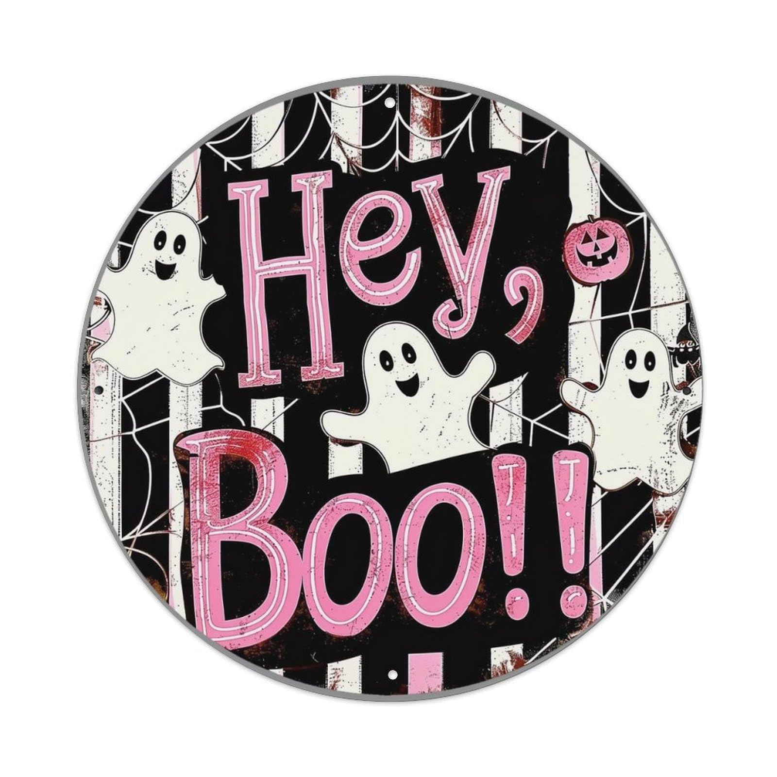 Ghost Spiderweb Stripes Pink Text Retro Metal Sign Round Tin Sign, Vintage Decor Art Poster for Bar, Home, Man Cave, Kitchen, Laundry Room Gift 8x8Inch