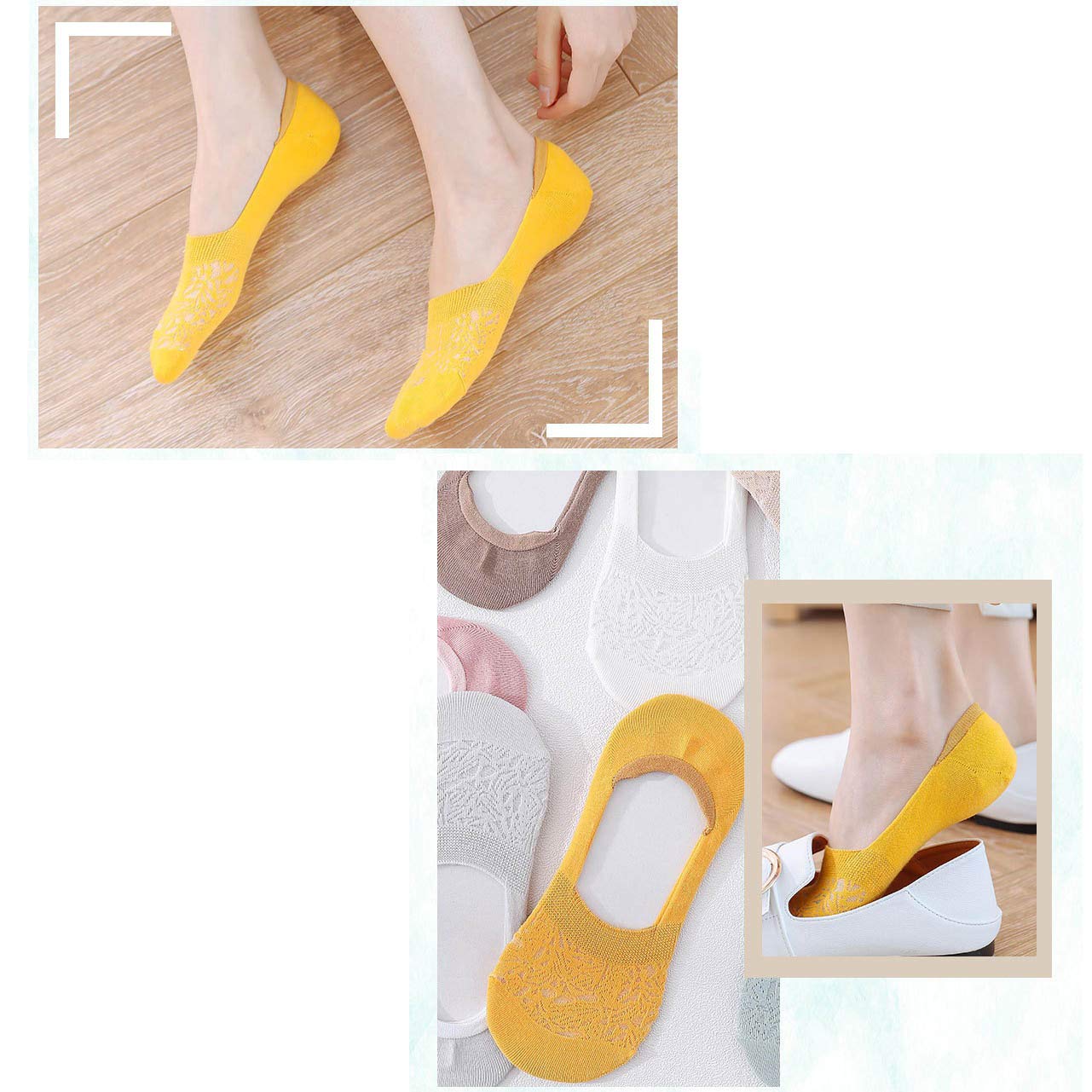 Calze Sottili da Donna, No Show, Fodera Bassa Taglio Invisibile Nascosto Calze Invisibili in Pizzo Appartamenti Sneaker, Yoga, Balletto 6 Paia,Giallo,One Size