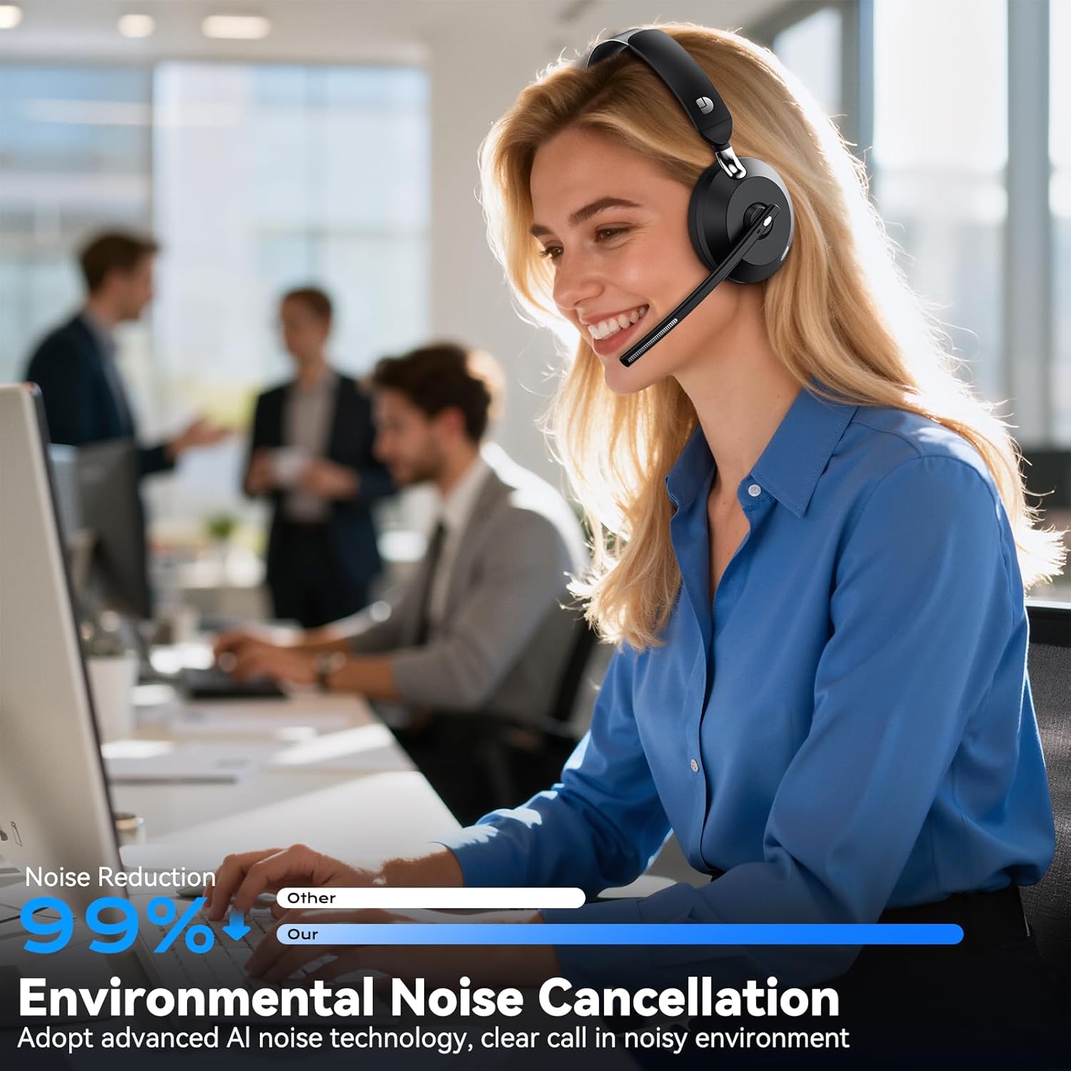 Wireless Headset with Mic for Work, Wireless Headphones with Mic (Noise Cancelling), Charging Base & Mute Button, Bluetooth Headset with Microphone with USB Dongle for Remote Work/Office/Zoom/Teams - Image 2