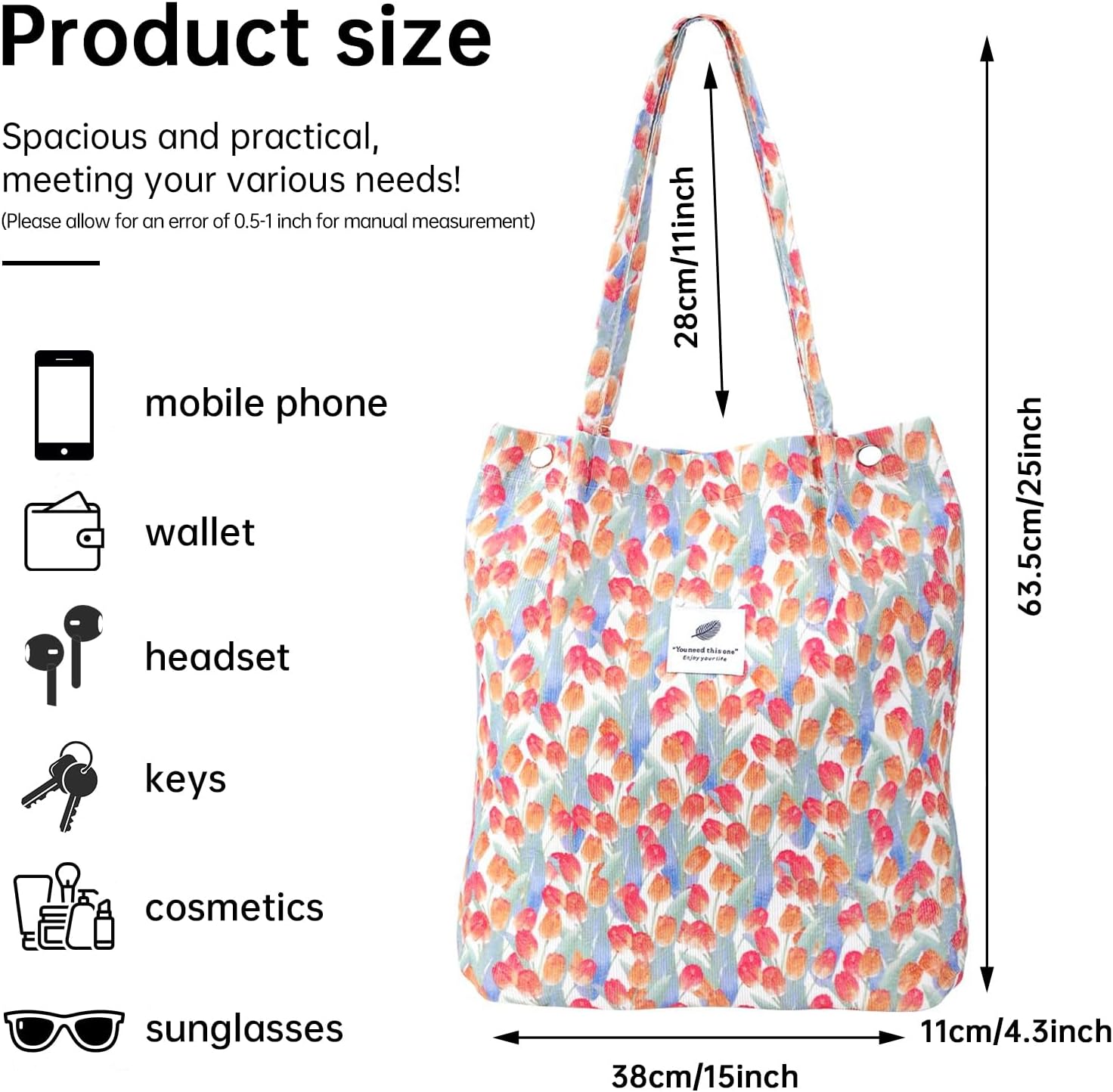 Canvas Tote Bag for Women, Large Capacity Corduroy Quilted Tote Bag with Inner Pockets, Durable Stylish ，Reusablee - Image 3