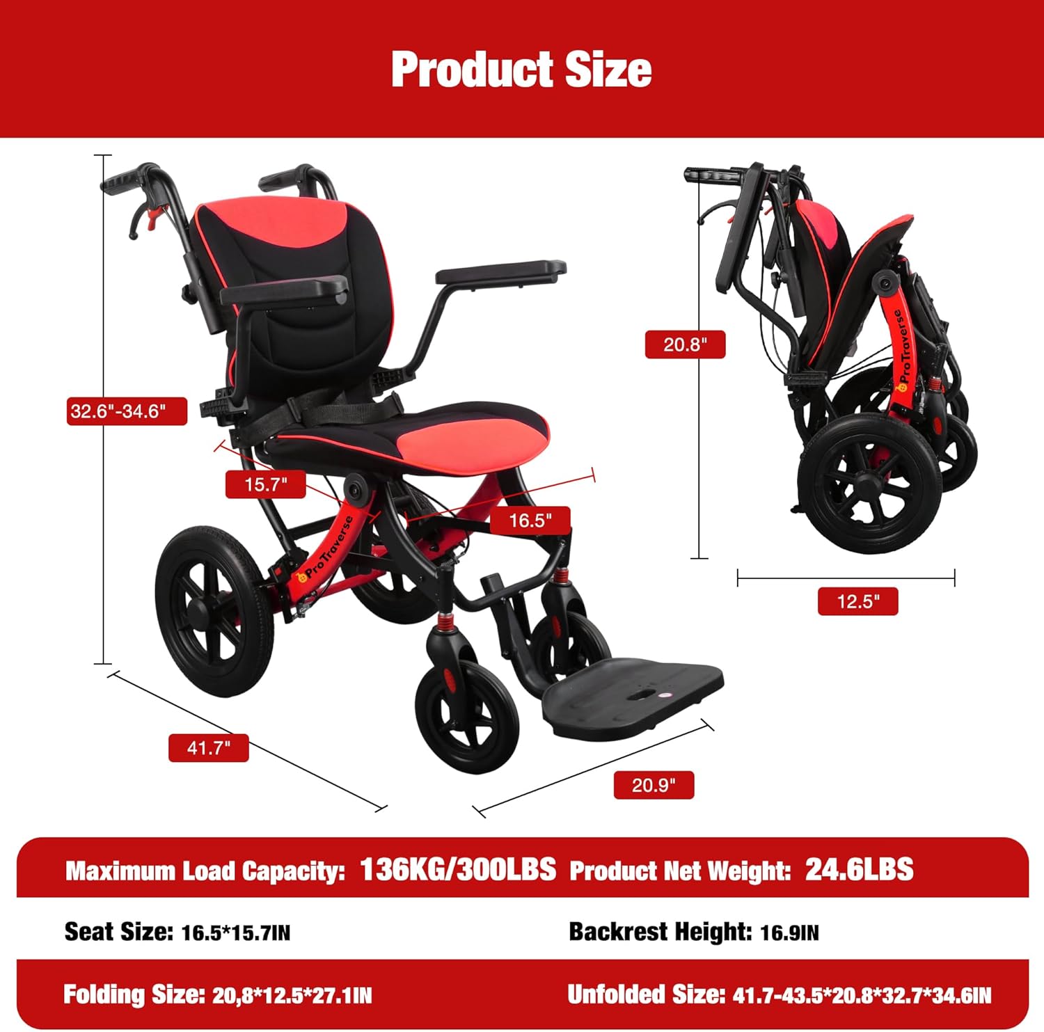 Wheelchairs for Adults,Transport Wheelchair Lightweight Foldable with Removable Cushion,Ergonomic Transfer Chair with 12-inch Rear Wheels for All Terrains,Travel Wheelchair,Red