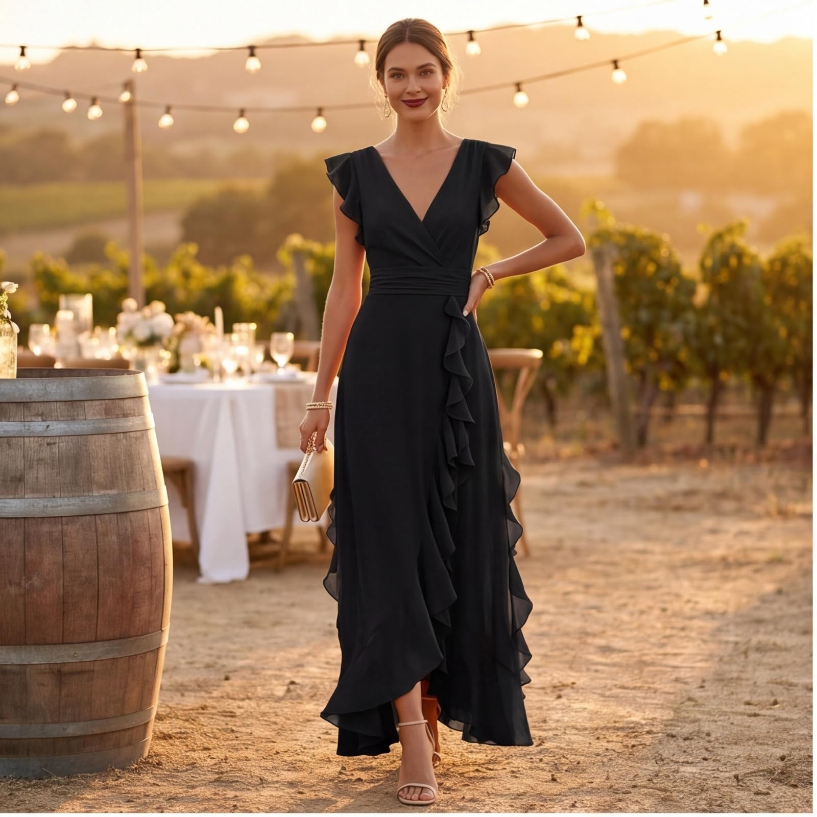 Kleid Hochzeitsgast Damen Chiffon Lang A Linie Abendkleider Elegant Für Hochzeit Festliche Kleider Tailliert V Ausschnitt Sommerkleider Frauen Leicht Und Luftig Sommerkleid Rüschen Ballkleid