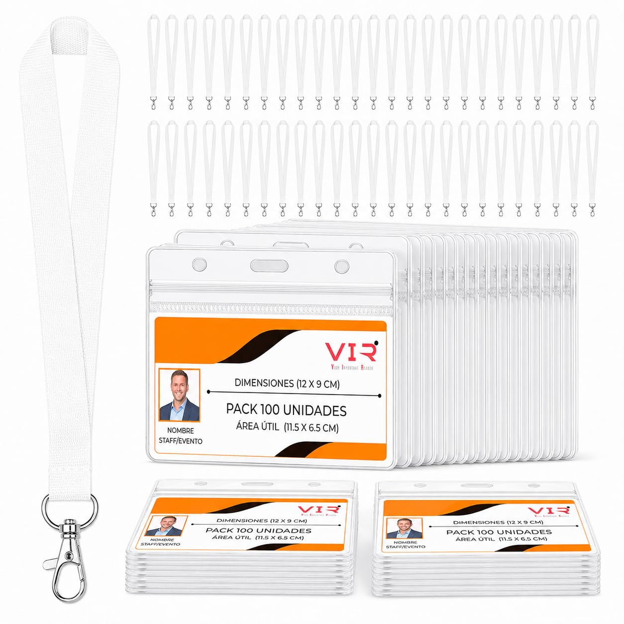 100 Weiße Lanyards + 100 Kartenhalter Querformat 12 x 9 cm