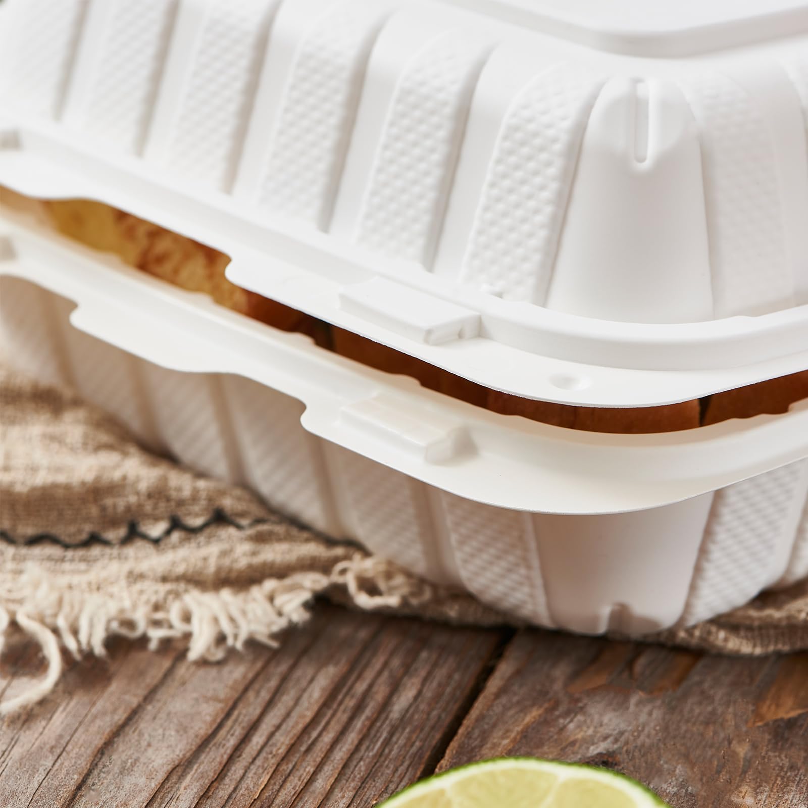 Jaluxing Paquete de 50 recipientes de plástico con bisagras de 8 x 8 pulgadas, 3 compartimentos, para llevar, para restaurante, preparación de comidas, catering, contenedor con bisagras