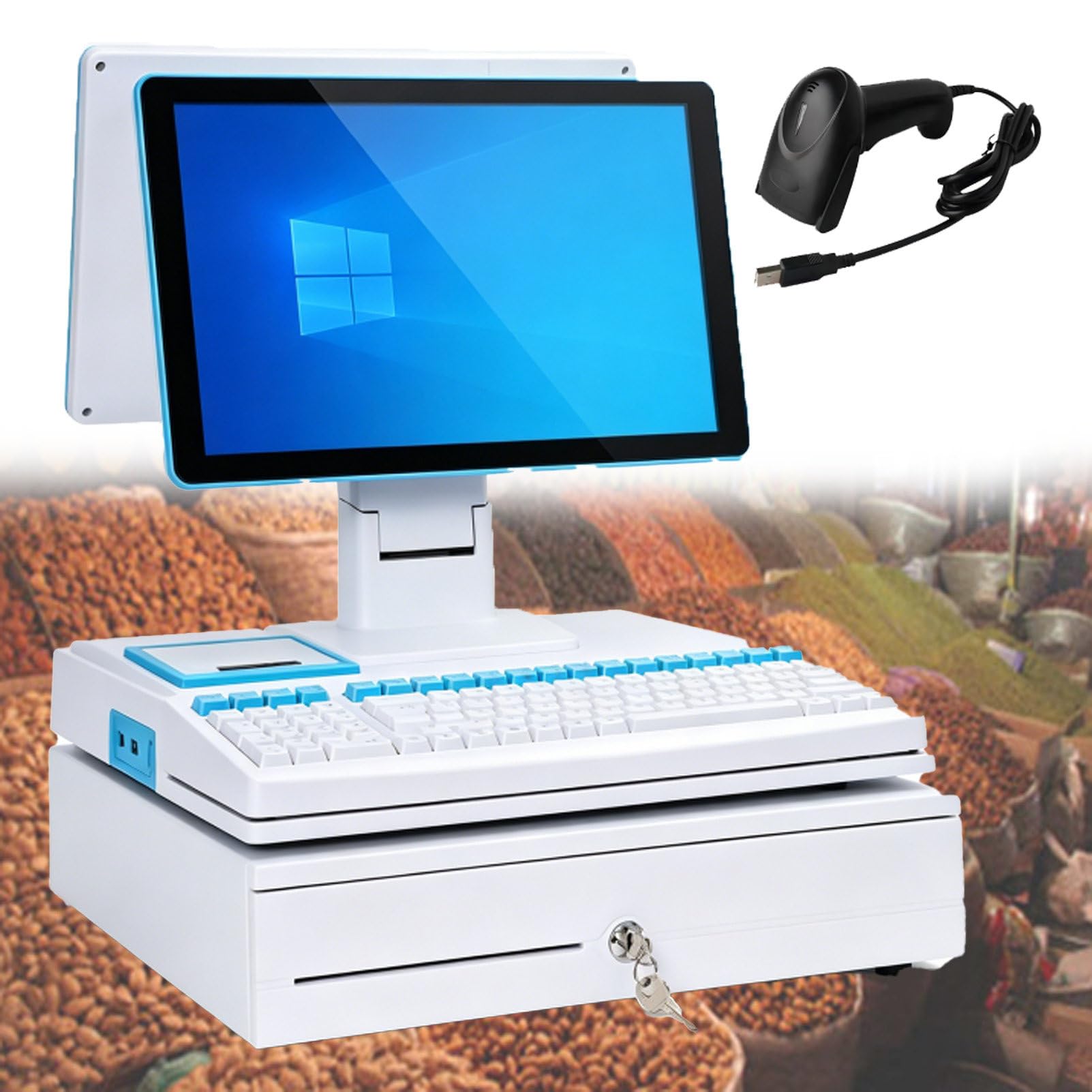 Pvxa White All-In-One Cash Register For Restaurants & Retail, With 15.6" Touch Screen Monitor, Cash Drawer, 58Mm Printer, Barcode Scanner, Touchscreen, For Small Business Dualscreen