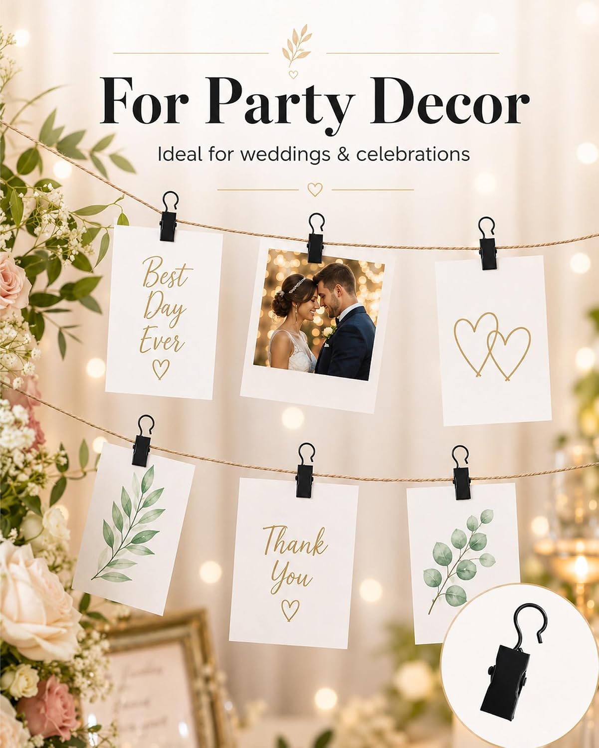 50 Pack Curtain Clips, Curtain Hooks, Clips for Hanging - Multi-Purpose Metal Clips for String Lights, Drapes & Party Decor