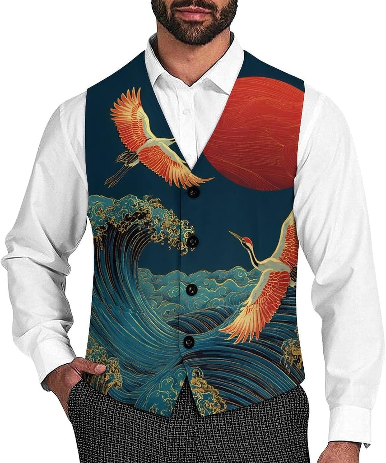 Japanese Crane Sea Waves Men's Suit Vest Formal Vests Casual Dress Fit Waistcoat Casual Tuxedo for Business