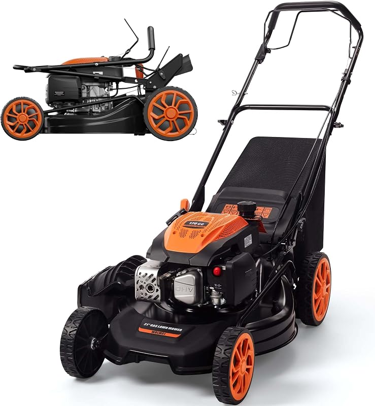 21" Self-Propelled Gas Lawn Mower, 170cc 4-Cycle Engine | 3-in-1 mowing with mulching, bagging and side discharge. 7-position cutting height and 1.9-bushel grass bag included.