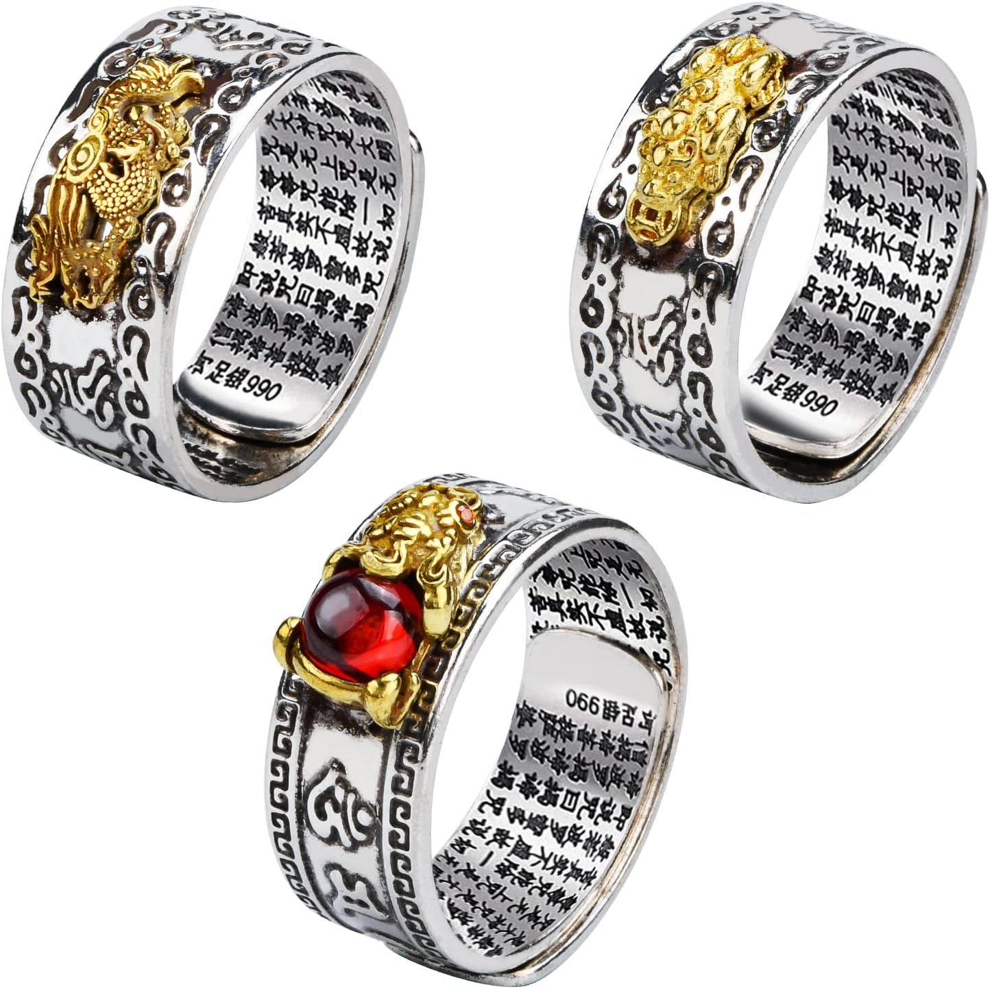 KESOCORAY BEAUTEVER Feng Shui Lucky Nafu Wealth Rings Pi Xiu Pi Yao Friendship Charm Rings for Men Women Adjustable Set, Crystal, No Gemstone
