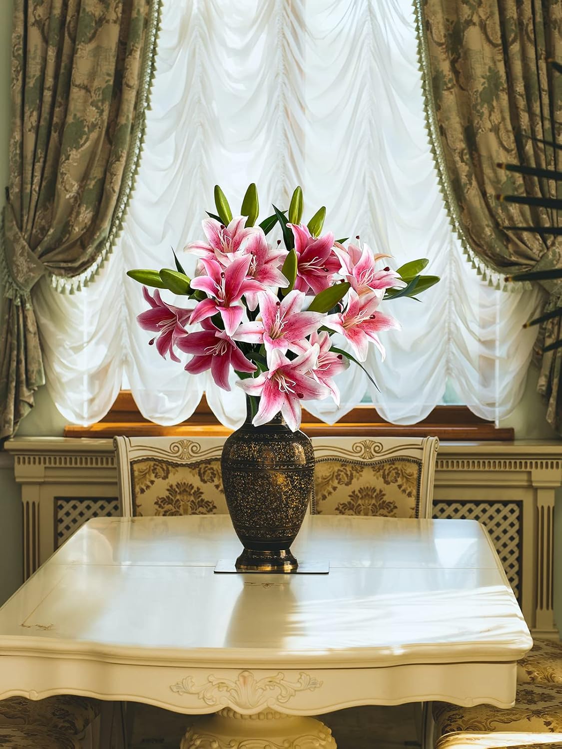 YalzoneMet RUZUQE 2 Pcs 28'' Deep Pink Lily Artificial Flowers Fake Real Touch Lilies 3 Heads Buds Faux Flora for Indoor Home Decor Outdoor Party Easter Lily Flower Table Centerpiece - Image 4