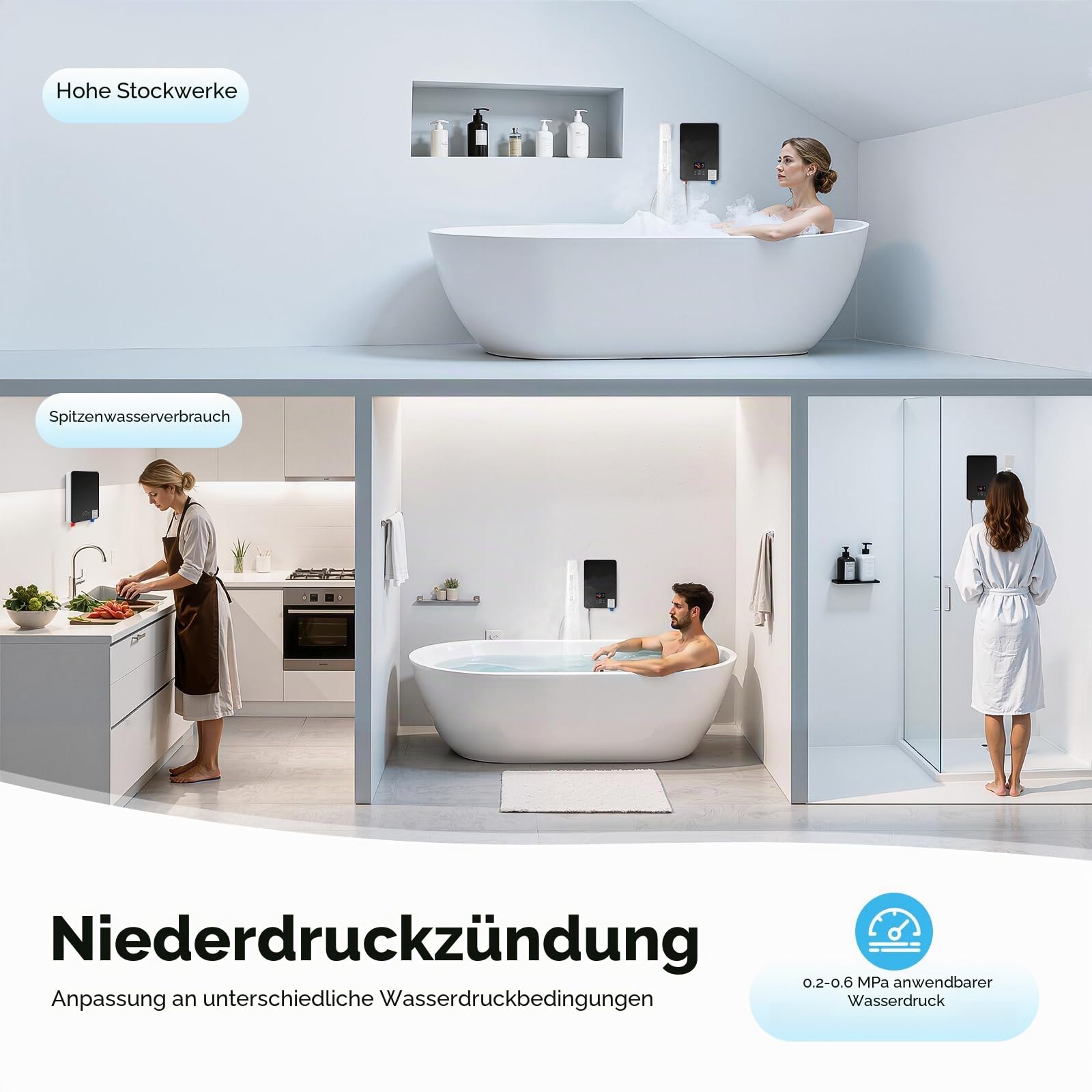 6500W Mini Durchlauferhitzer Dusche 220V Elektrischer Warmwasserbereiter mit Digitalanzeige, IPX4 Wasserdichtigkeit, Kompakte Größe Instant-Heizung inklusive Duschkopf