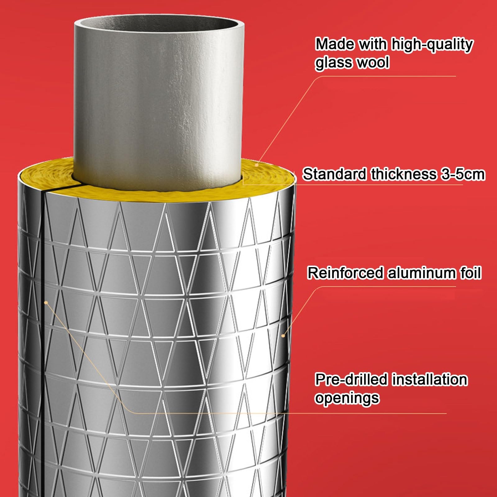 Tubo de Aislamiento de Tuberías Tubo Aislante de Lana de Vidrio Se Puede Cortar a Cualquier Medida para Fontanería y Calefacción(ID 3-1/2" x T 2" x L 3.3ft)