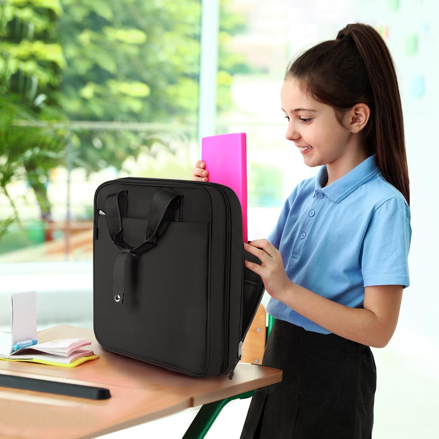 3 Ring 2 Inch Zipper Binder, 500 Sheet Capacity Binder with Zipper for Girl and Boy, Compatible with 13-Inch MacBook, Handle and Shoulder Strap Included (Black)