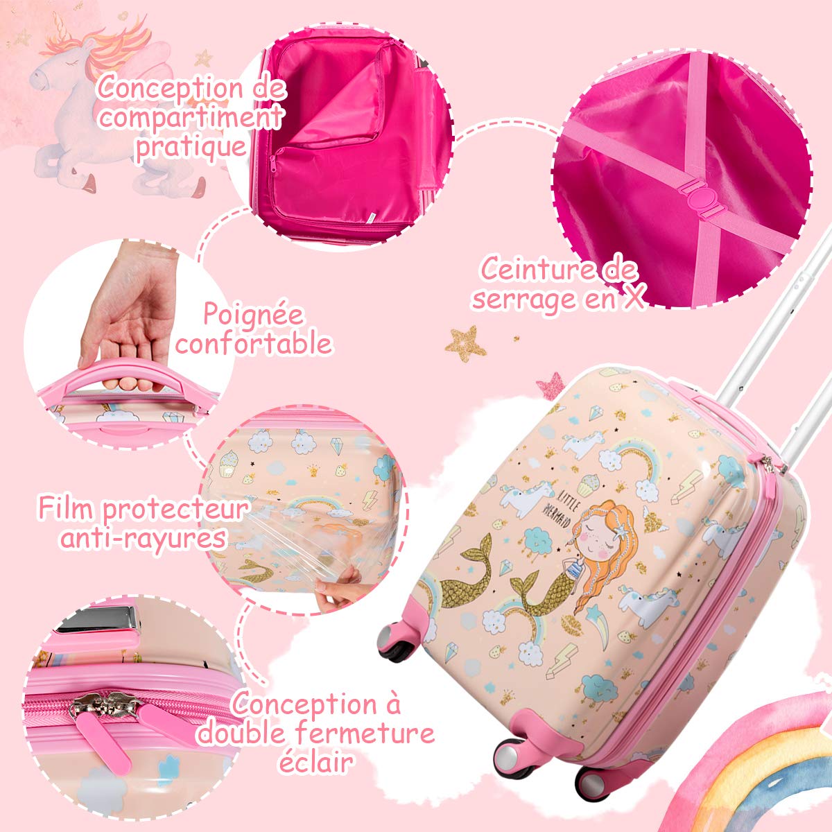 DREAMADE Valise Roulette Enfant 18" et Sac à Dos 12" avec Poignée Réglable Bagage Cabine Enfant 3+Ans avec Roues Pivotante 360° Bagage à Main Fille et Garçon Charge 50KG+8KG (Sirène)