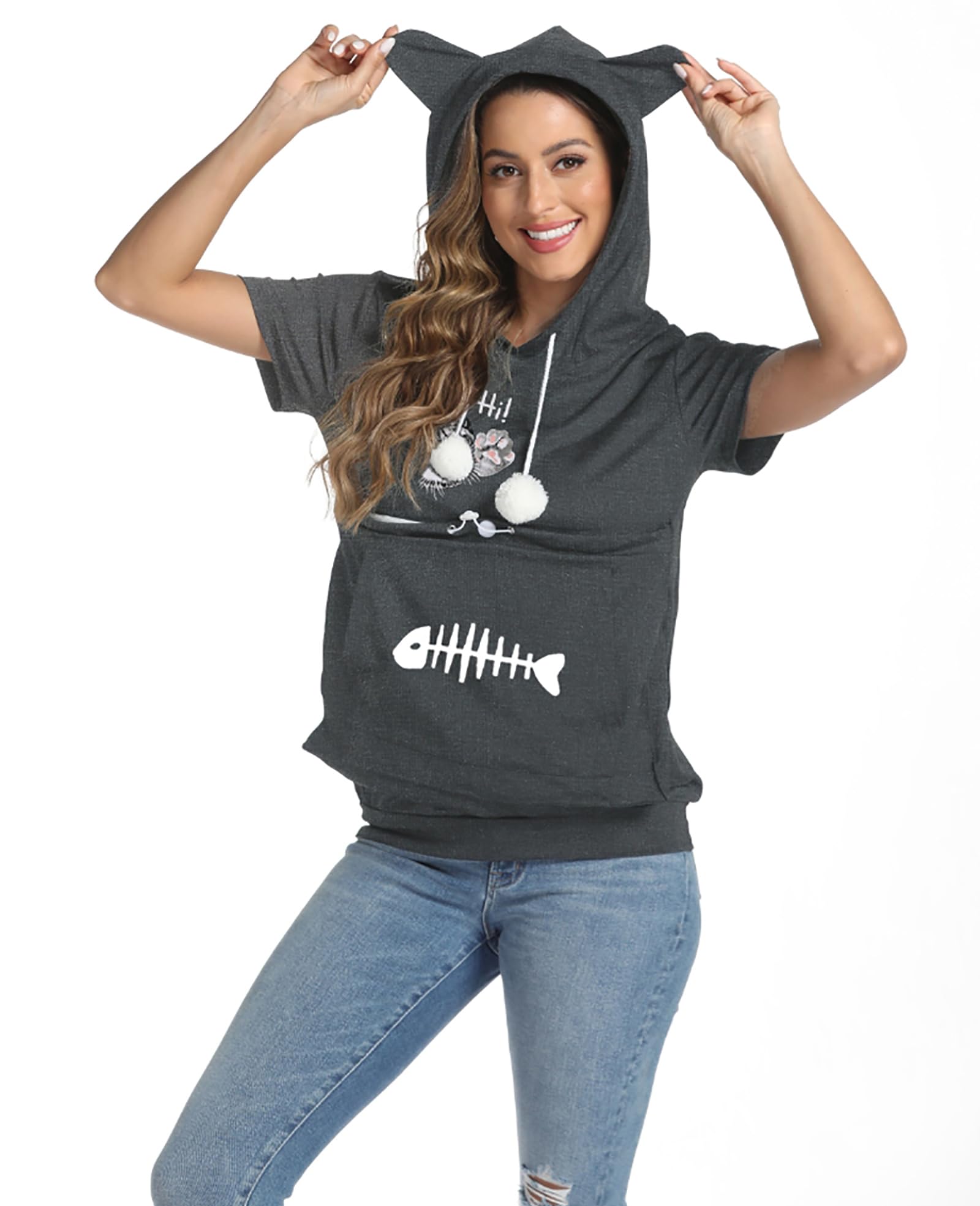 PINANSILA Women Thin Hoodie with Pet Pouch Small Cat Dog Carrier Sweatshirt Short Sleeve Shirts Dark Grey