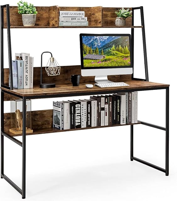 COSTWAY Computer Desk with Storage Bookshelf, 2-in-1 Workstation PC Laptop Table, Home Office Work Study Writing Desk for Bedroom Living Room (Antique)