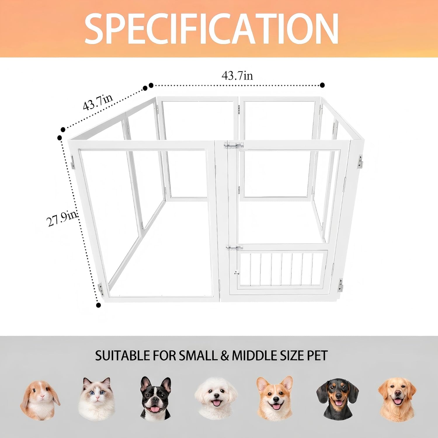 Acrylic Dog Playpen with Door, 27.9“ Height, Heavy Duty Clear Pet Pen, Dog Fence Crate Kennel Whelping Cage, Ideal for Small to Medium Dogs, Cats, and Other Small Pets (White)
