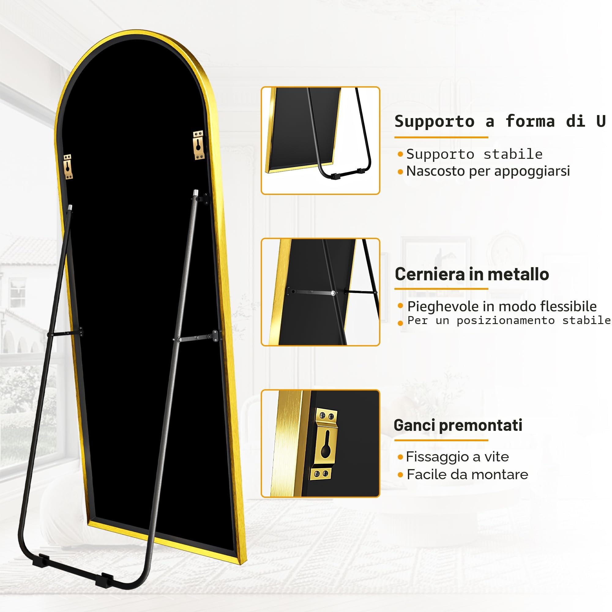 Bogen - Specchio a figura intera, 165 x 60 cm, grande specchio da terra, curvo, da parete, per camera da letto, spogliatoio (oro)