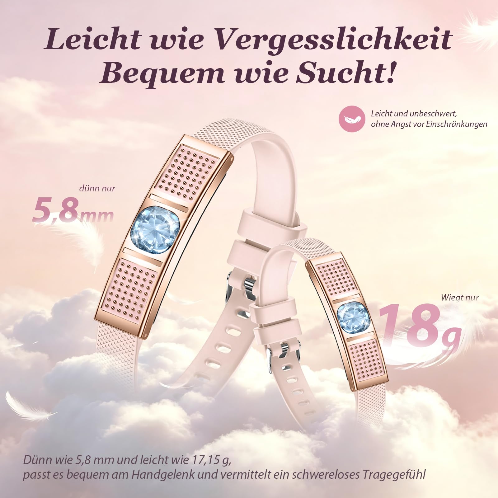 findtime Bracelet de fitness pour femme avec incrustation de cristal, bracelet intelligent, fin, fréquence cardiaque, sommeil, suivi du cycle de sommeil, podomètre, bracelet intelligent avec bracelet