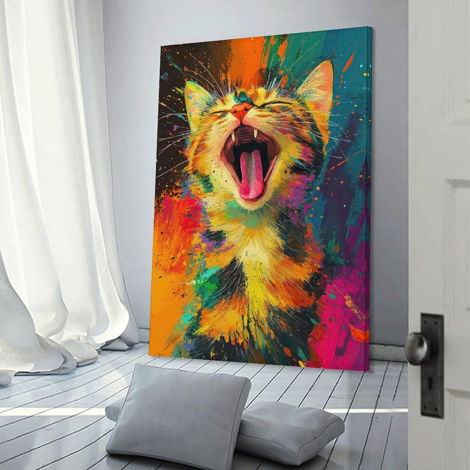 Junmoney Yawning Cat in Splatter Art Wall Art Print 20x30inch(50x75cm), for Hallway, Entryway Or Landing, Wall Decor to Refresh Empty Corners, for Cosy Room Updates