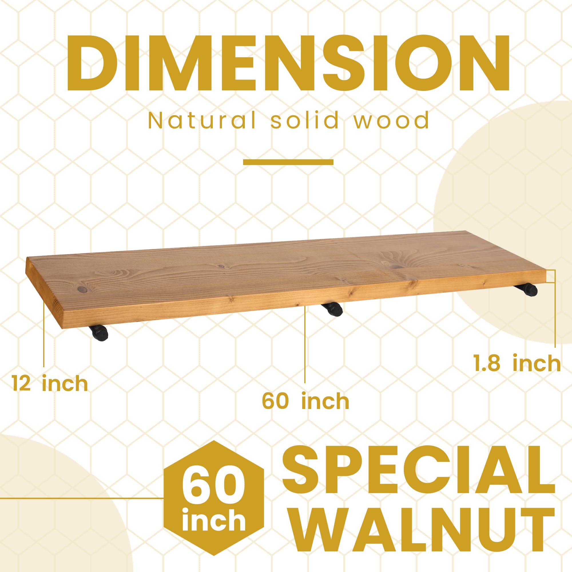 TEN49 Industrial Pipe Wood Wall Shelf - 60" Real Wooden Shelf w/ Special Walnut Color & 1.8" Extra Thickness - Modern Interior Decor Floating Shelving - Rustic Farmhouse Style Bookshelf - Set of 1